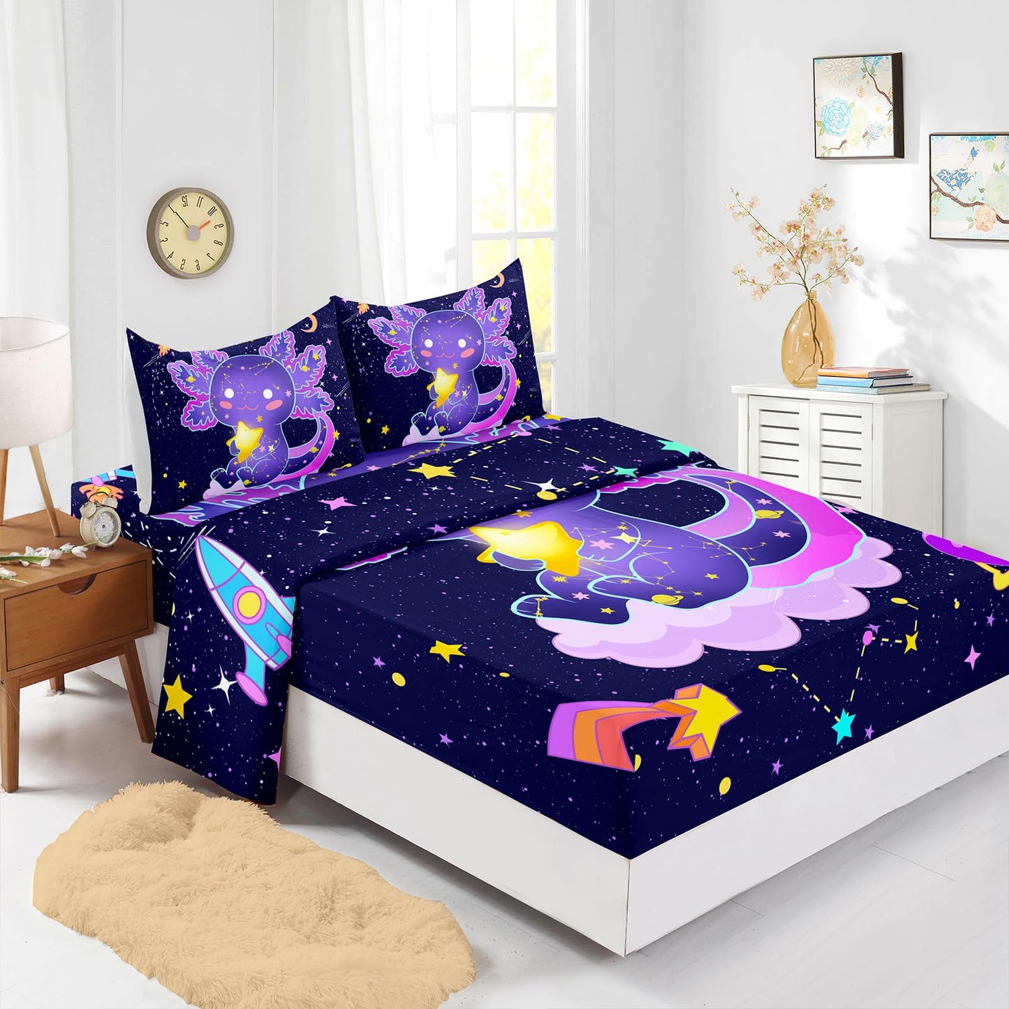 Nttopship Cute Axolotl Bedding Set Queen Size,Violet Axolotl Theme Fitted Sheet 4pcs with 16" Deep Pocket, Kawaii Animals Cartoon Sheet Set for Kids Boys Room Decor(Fitted + Flat + 2 Pillowcases)