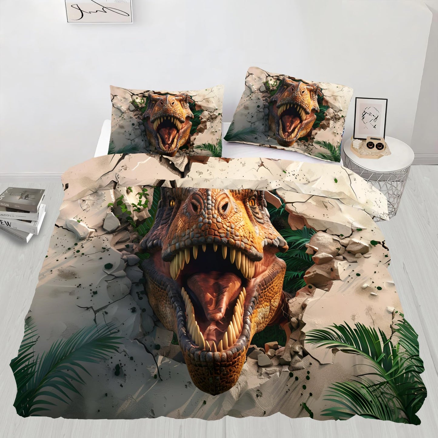 PAISUOQ Dinosaur Bedding Sets, Abstract Animal Duvet Cover Queen, Funny Dinosaurs Comforter Cover with Zipper Ties, 3 Pieces with 2 Pillowcases, Home Decor & Gifts