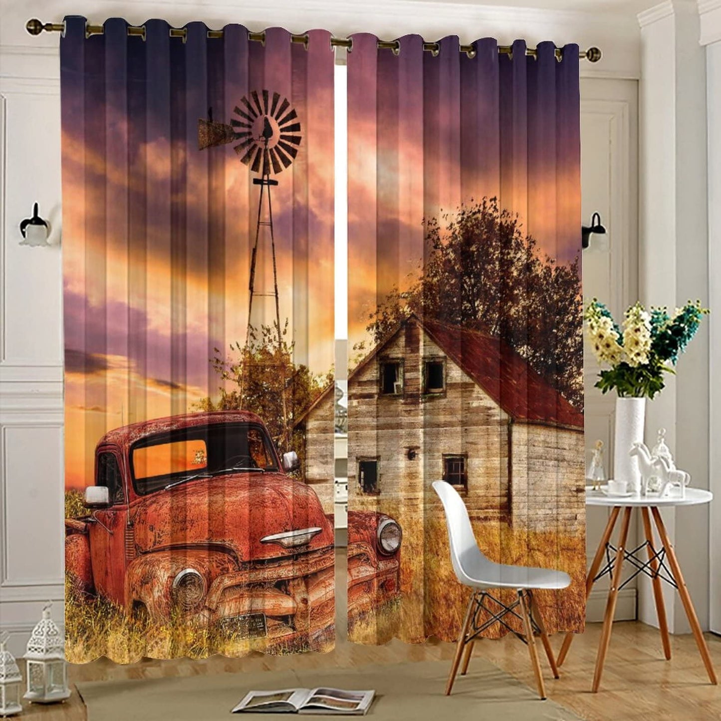 Kazynee Rustic Farm Old Truck Room Darkening Blackout Window Curtains with Grommets,Western Country Farmhouse Sunset Nature Scenery Energy Efficient Window Treatment 2 Panels 63L x 21W