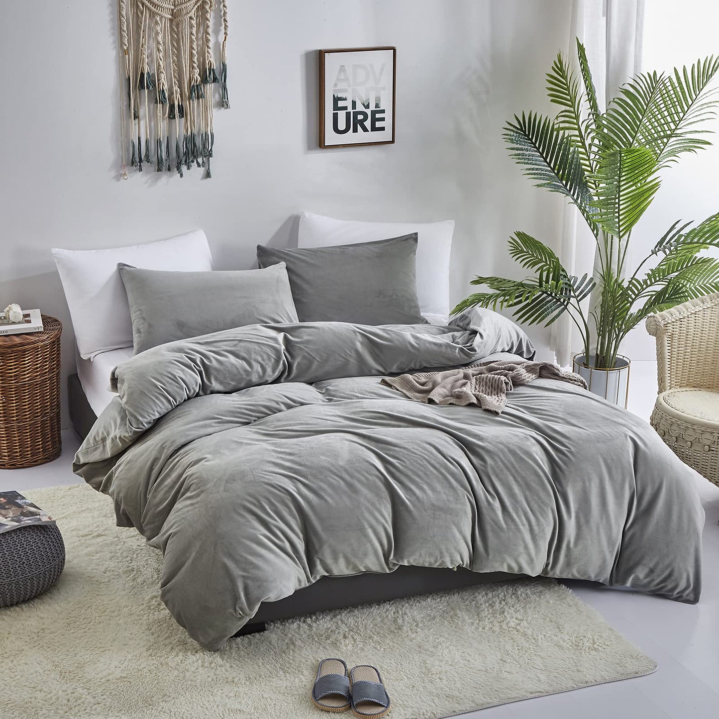Luxlovery Grey Velvet Comforter Set Queen Men Women Plush Fluffy Dark Grey Bedding Comforter Set Flannel Heavyweight Winter Thick Warm Comforter Set