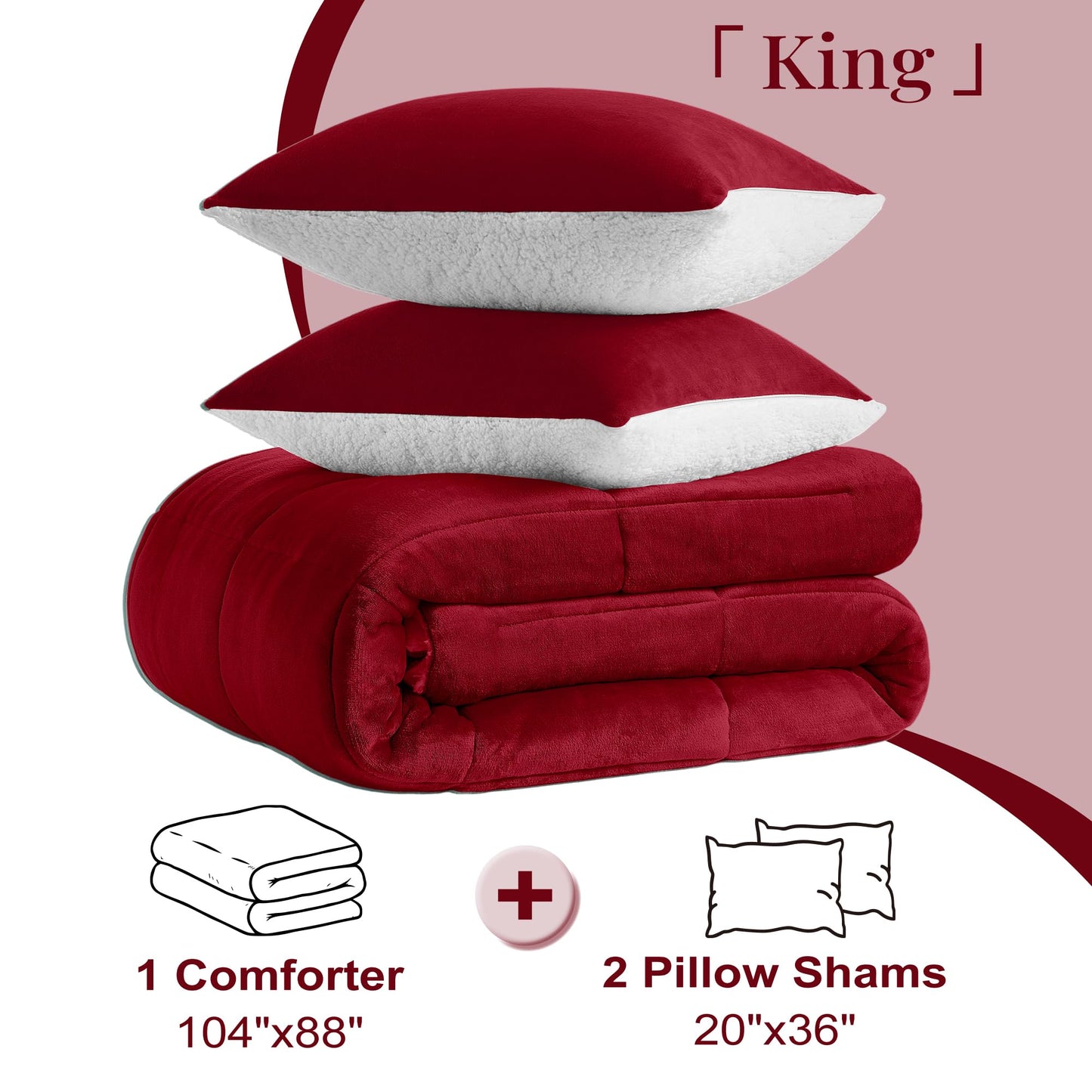 Basic Beyond King Size Comforter Set - Thick Fleece Sherpa Comforter Set for Winter, Soft and Fuzzy Bedding, Red, 104"x88"