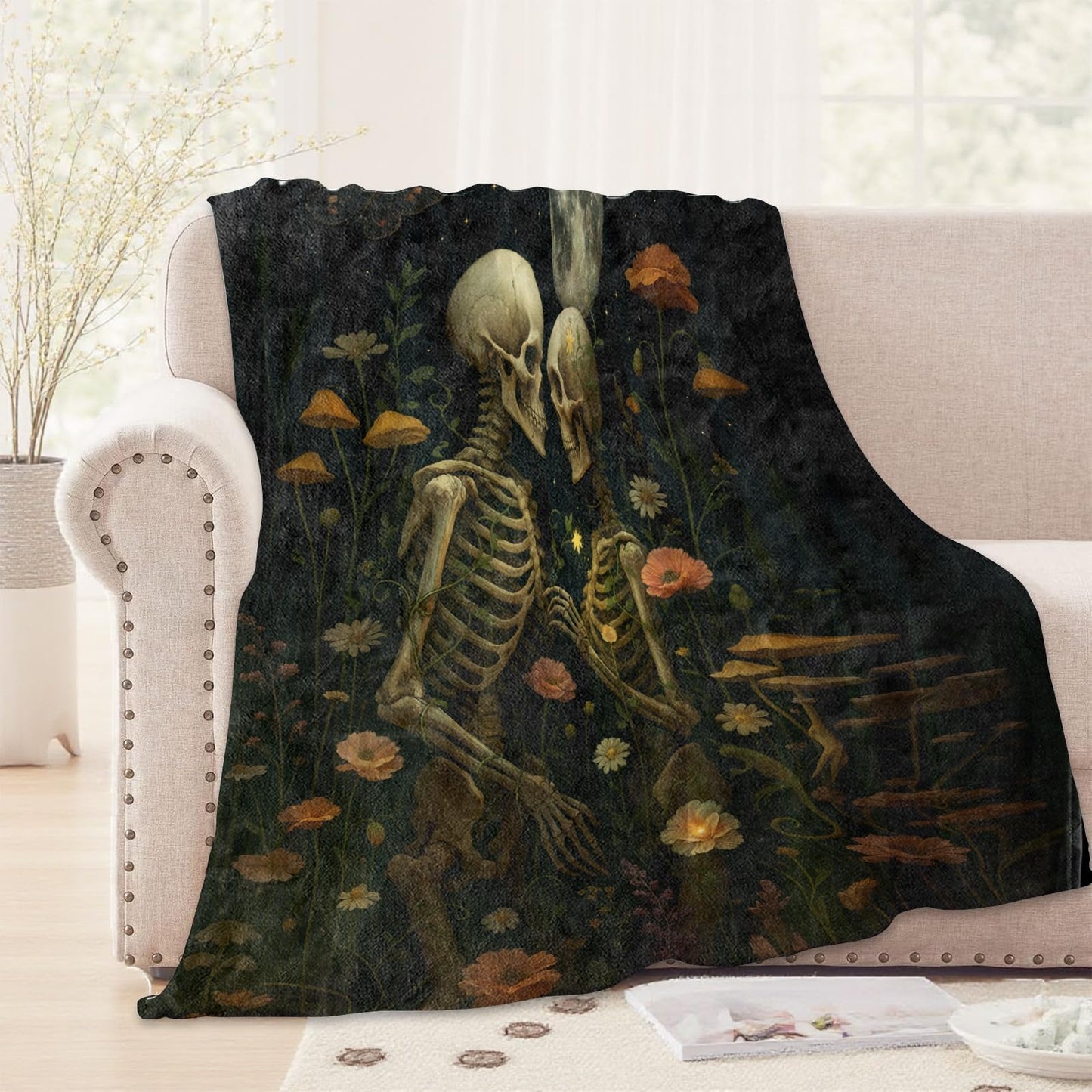 WKEDIN Gothic Lovers Skeleton Blanket,50x60in,Cozy Flannel Throw with Romantic Wildflower Moon Starry Sky Design,Soft Lightweight Gifts Blankets for Adults,Sofa Bed Travel Goth Halloween Boho Decor