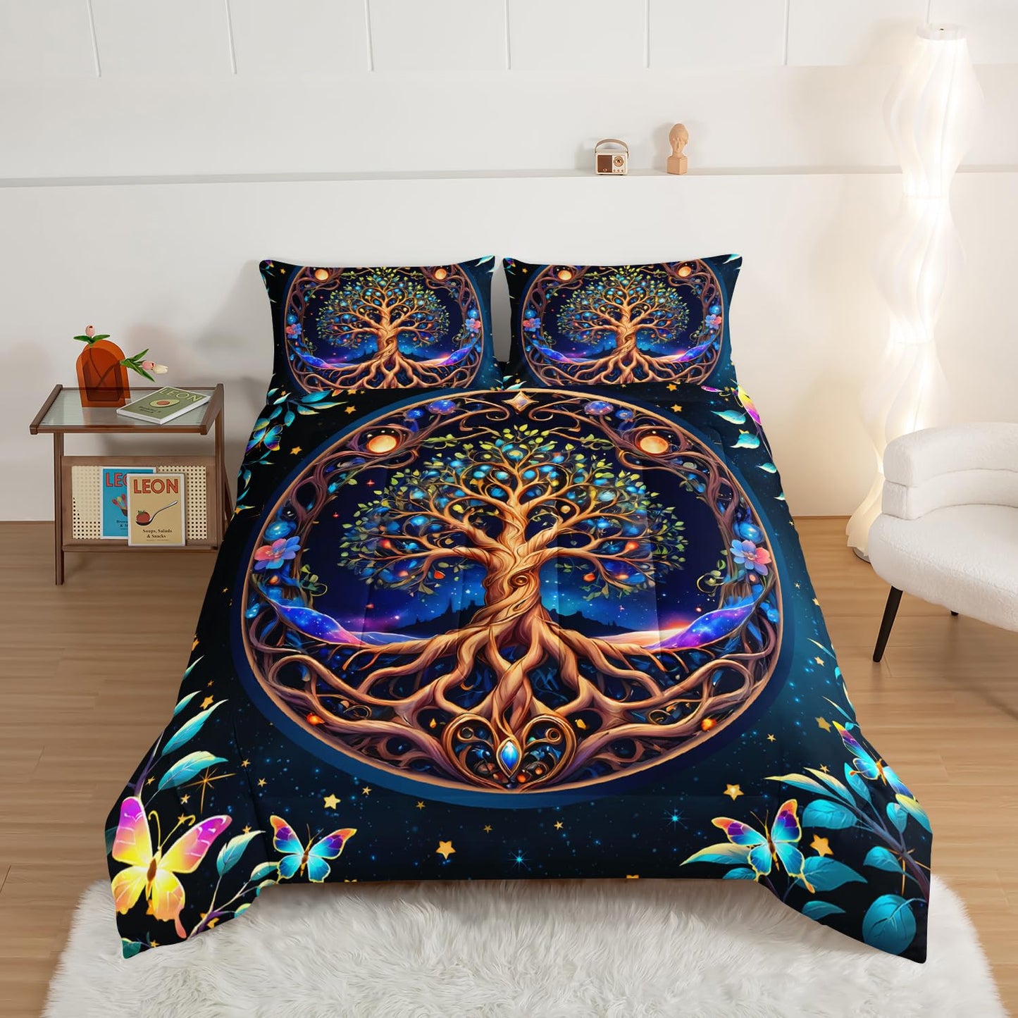 HOSIMA Tree of Life Boys Queen Size Bedding Set,Tree of Life Surrounded by Butterflies Leaves Print Galaxy Comforter for Teenage Girl Room Decor,Fluffy Aesthetic Bedding with 2 Pillowcases.