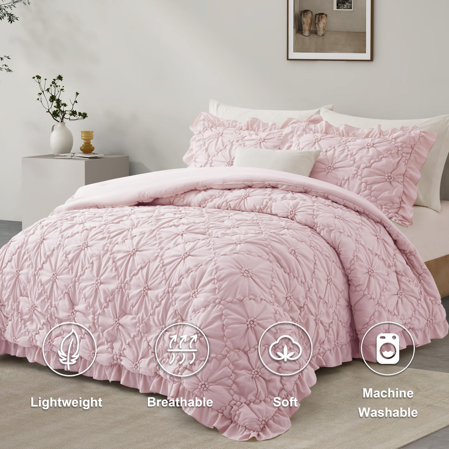 BEDAZZLED King Size Comforter Sets, Pink Bedding Comforter Set, 3 Pieces Pinch Pleat Bedding Sets with Comforter and Pillowcases Soft Farmhouse Shabby Chic Comforter for All Seasons