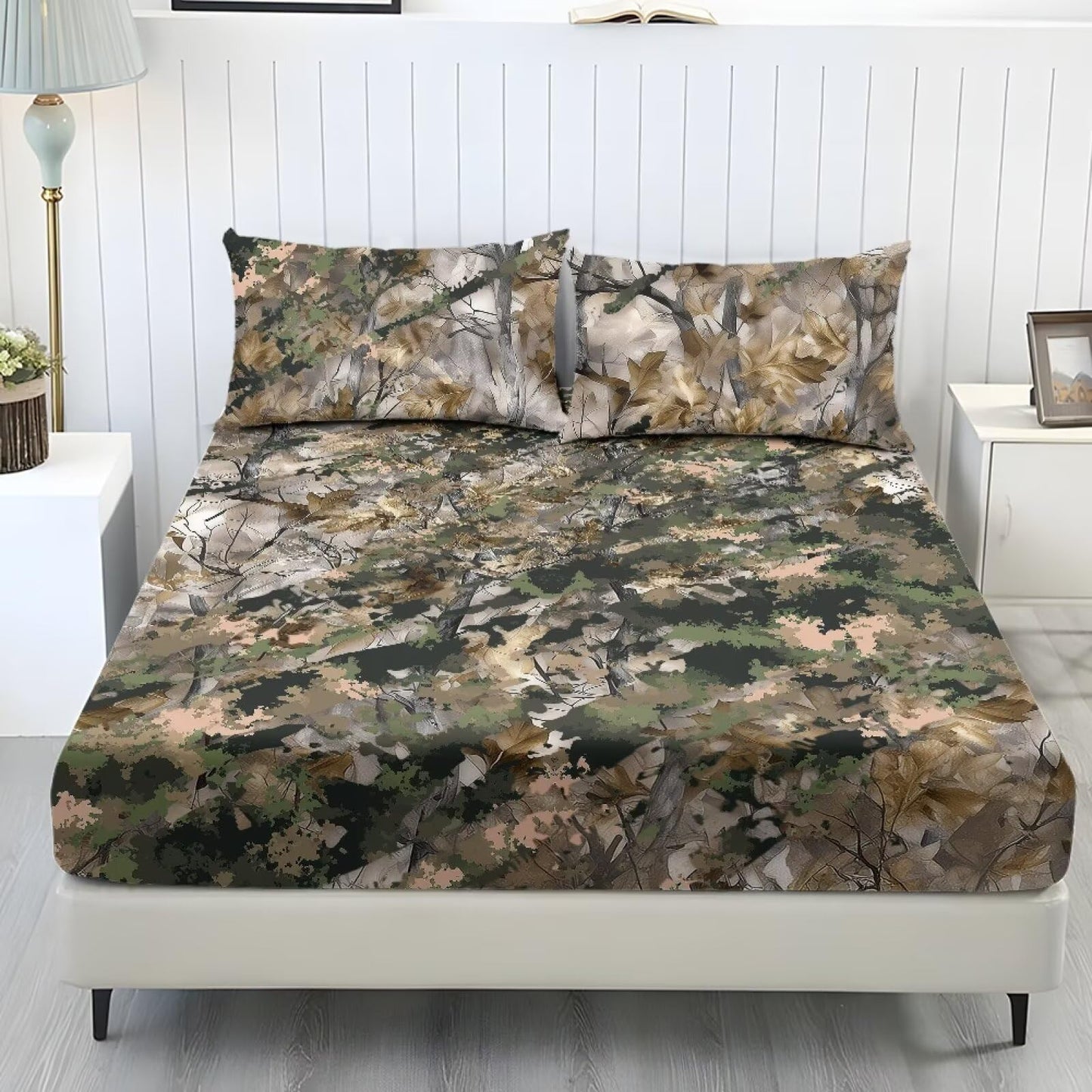 ZDCUSTOM XL Size Sheet Set Soft Stretchy Bedding Sheet Set 3 Pieces Deep Pocket Holiday Bedding Set with All Around Elastic Snug Fit Bottom Bedsheet Woodland Camo, 39" x 79"