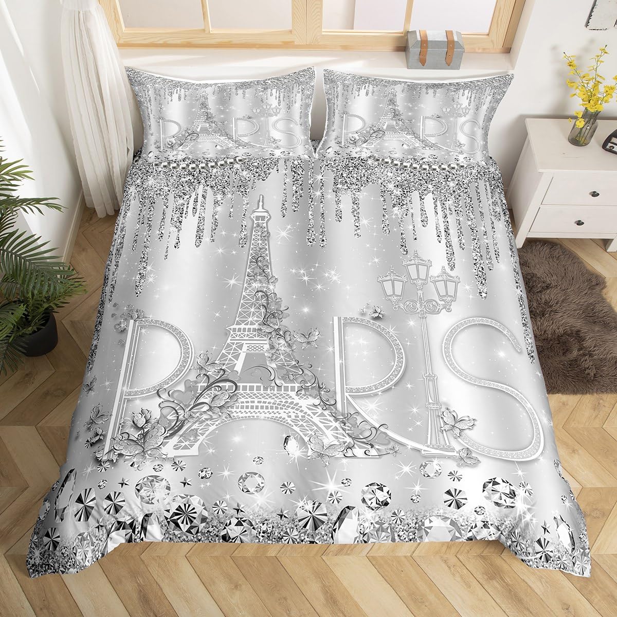 Paris Duvet Cover Set King Size Sliver Glitter Diamond Bedding Set 3pcs for Kids Girls Boys Women Room Decor,Romantic Eiffel Tower Comforter Cover Luxury Pearls and Jewels Quilt Cover,2 Pillowcases