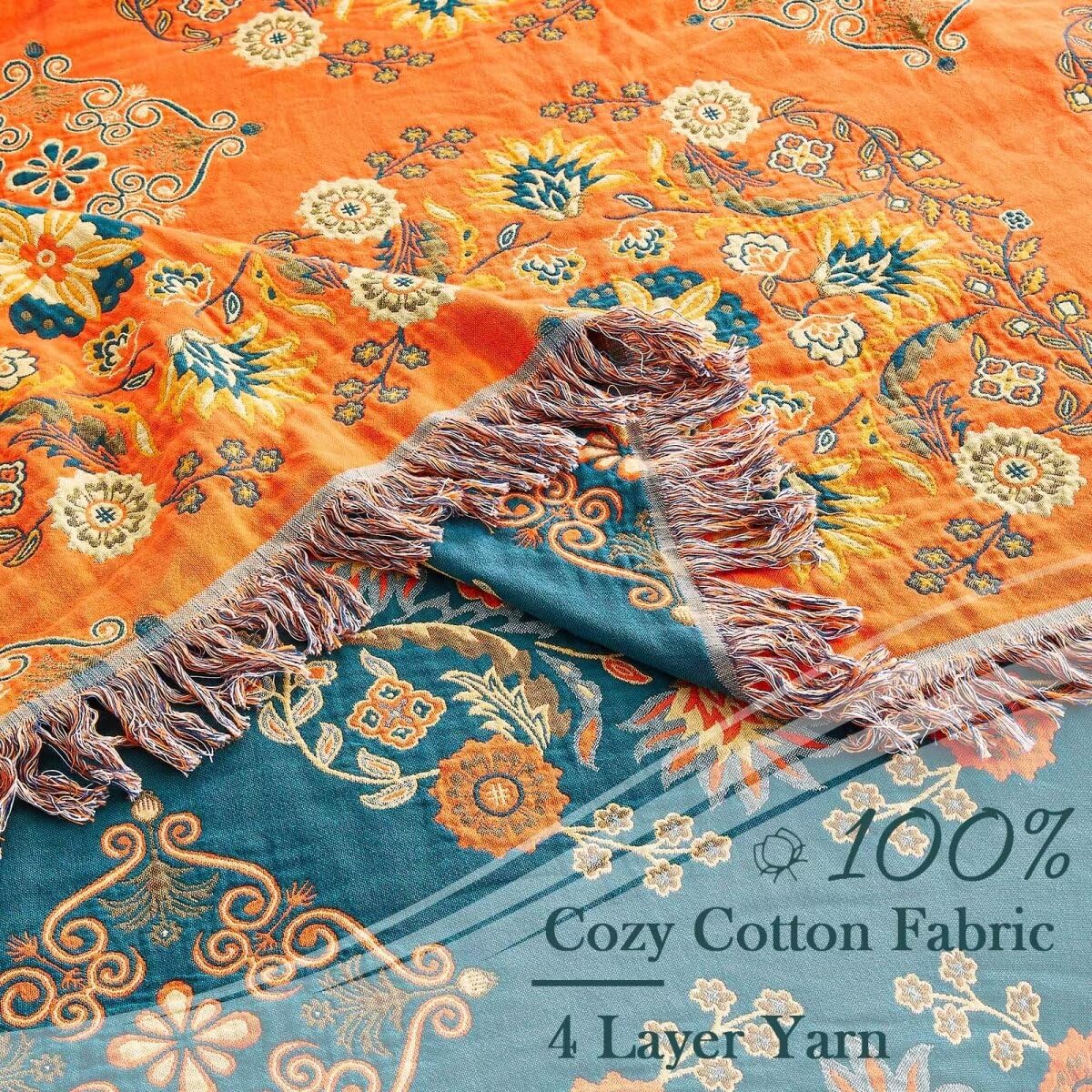 XIBLC Boho Throw Blanket, 100% Cotton Ultra Soft Luxury Throw Rustic Quilt, 60"x80" Floral Printed Farmhouse Decor Bed Summer Blankets, All Season Rustic Reversible Bohemian Throw for Bed - Orange