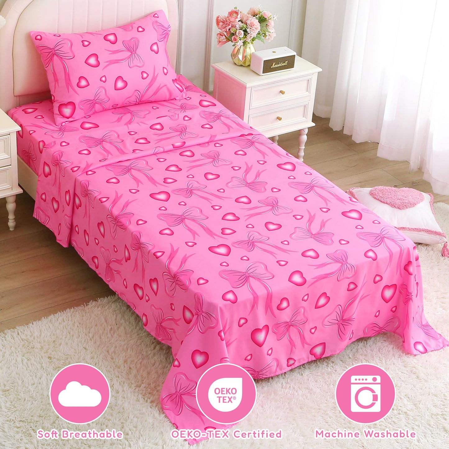 Softan Kids Twin Sheets Set, 3 Piece Heart Bow Bedding Set for Girls, Soft Breathable Microfiber with 15" Deep Pocket, Fitted Flat Sheet & Pillowcase