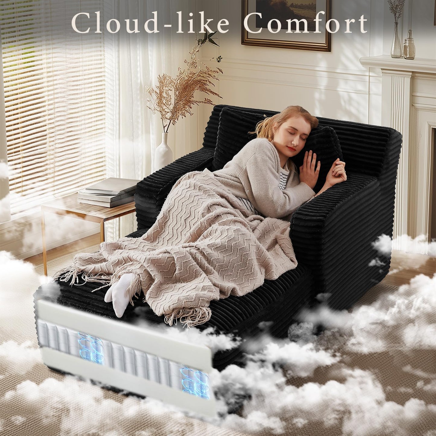 VEPXXP 65.4" Chaise Lounge Chair Indoor, Oversized Boneless Couch Comfy Upholstered Sleeper Sofa Bed with 3 Pillows, Corduroy Cloud Reading Chair for Living Room No Assembly Required, Black