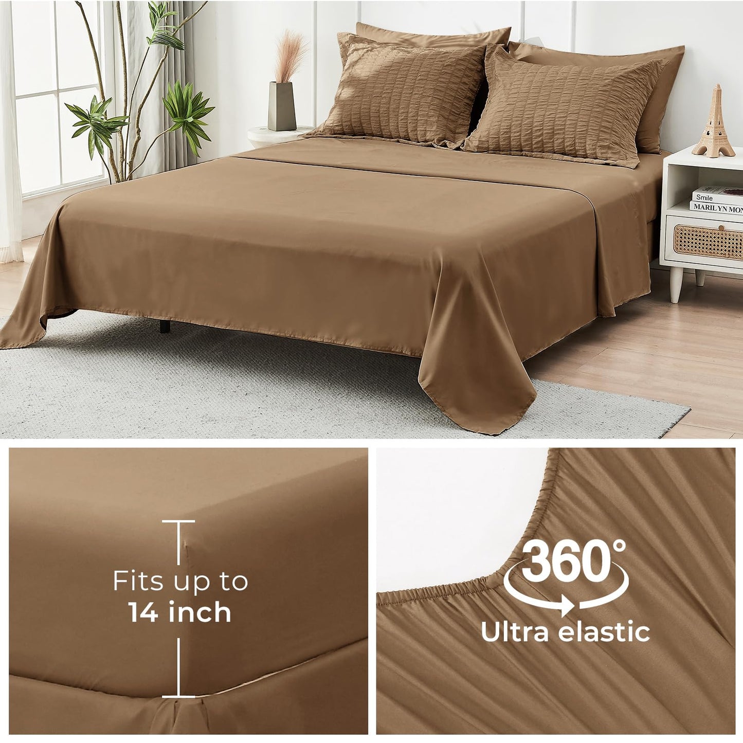 HYMOKEGE Brown Full Size Comforter Sets Seersucker 7 Pieces, All Season Luxury Bed in a Bag for Bedroom, Bedding Set with Comforter, Sheets, Pillowcases & Shams