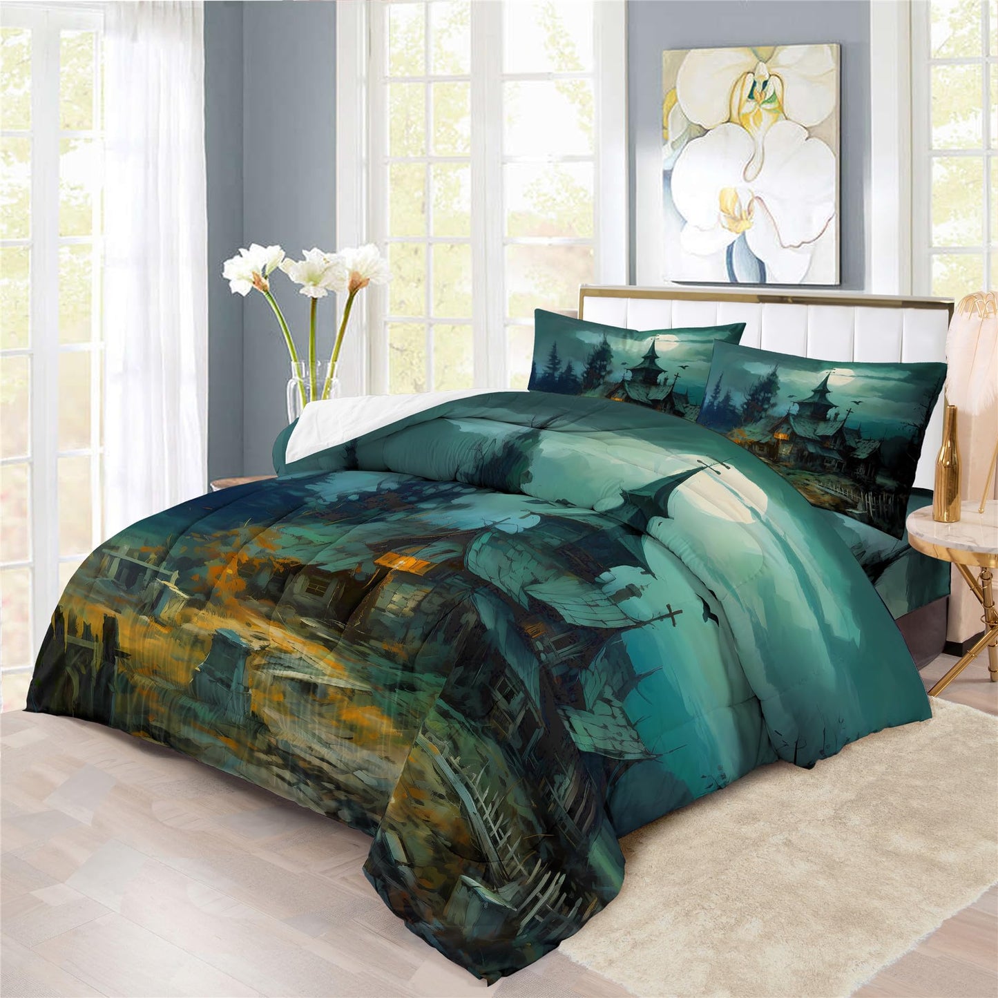 Halloween Ghost Haunted House Design Comforter Set | Horror Festive Night Spooky Manor Prints Bedding Set | with Soft Comforter+2 Pillow Shams(3PCS) or Sheet (4PCS) (A,Queen-4PCS)