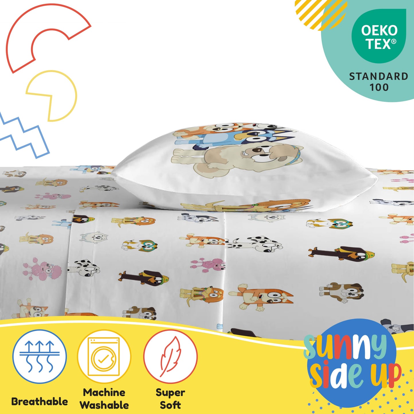 Sunny Side Up Bluey & Friends Twin Sheet Set - 3 Piece Kids Bedding Set Includes Pillow Cover - Super Soft Microfiber Sheets