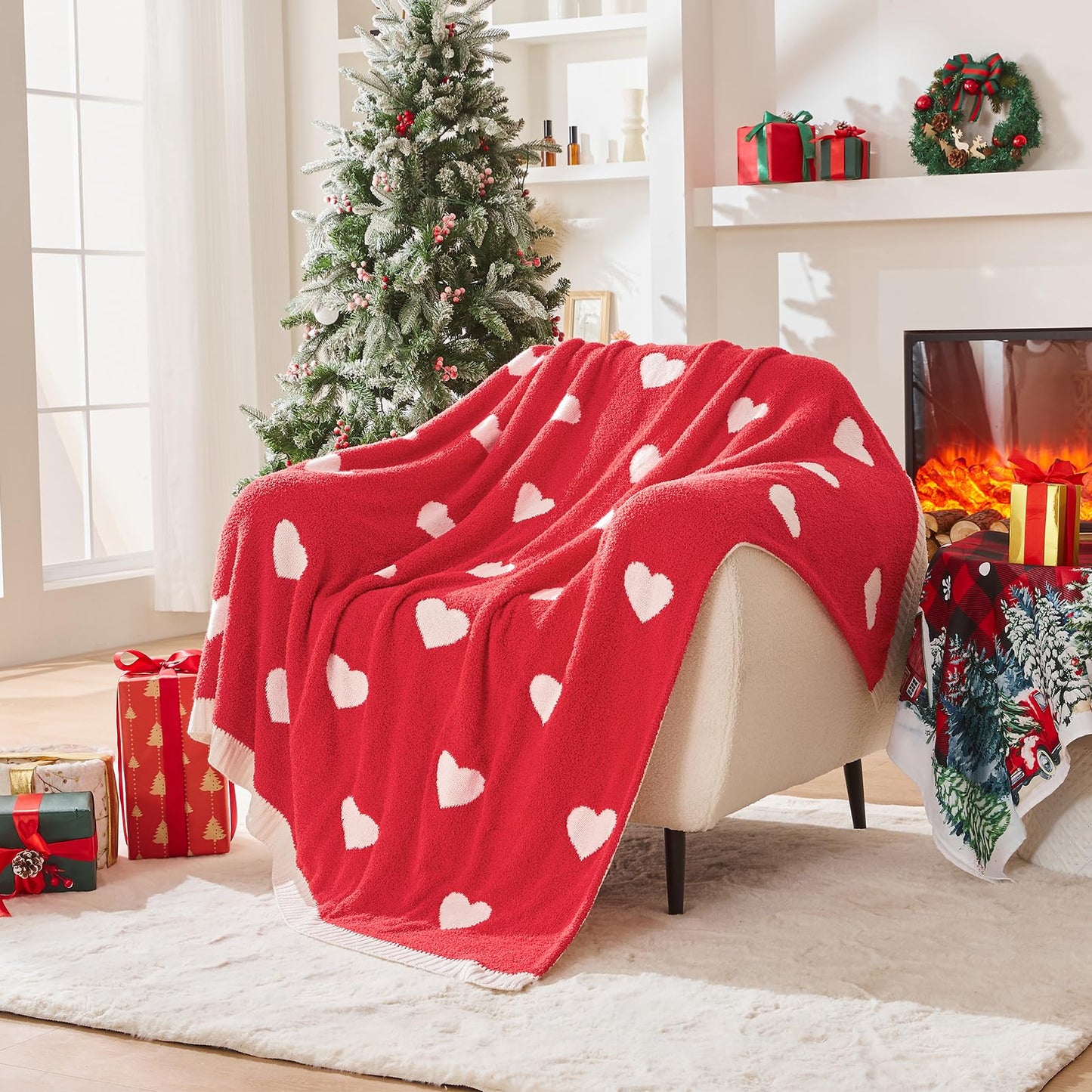 Douceur Love Heart Throw Blanket, Ultra Soft Red Fluffy Valentine’s Day Blanket, Reversible Cozy Decorative Blanket for Bed Couch Sofa, Super Soft Indoor Living Room Plush Throws, 60"X80"