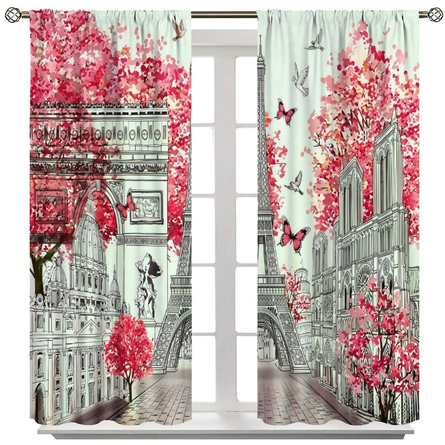 TYVGICZ Red Paris Modern Curtains, Landscape Architecture City Scenery Eiffel Tower Landmark Famous Romantic Window Treatments for Girls Woman Bedroom Living Room Kitchen Bathroom 2 Panels,42x45 Inch
