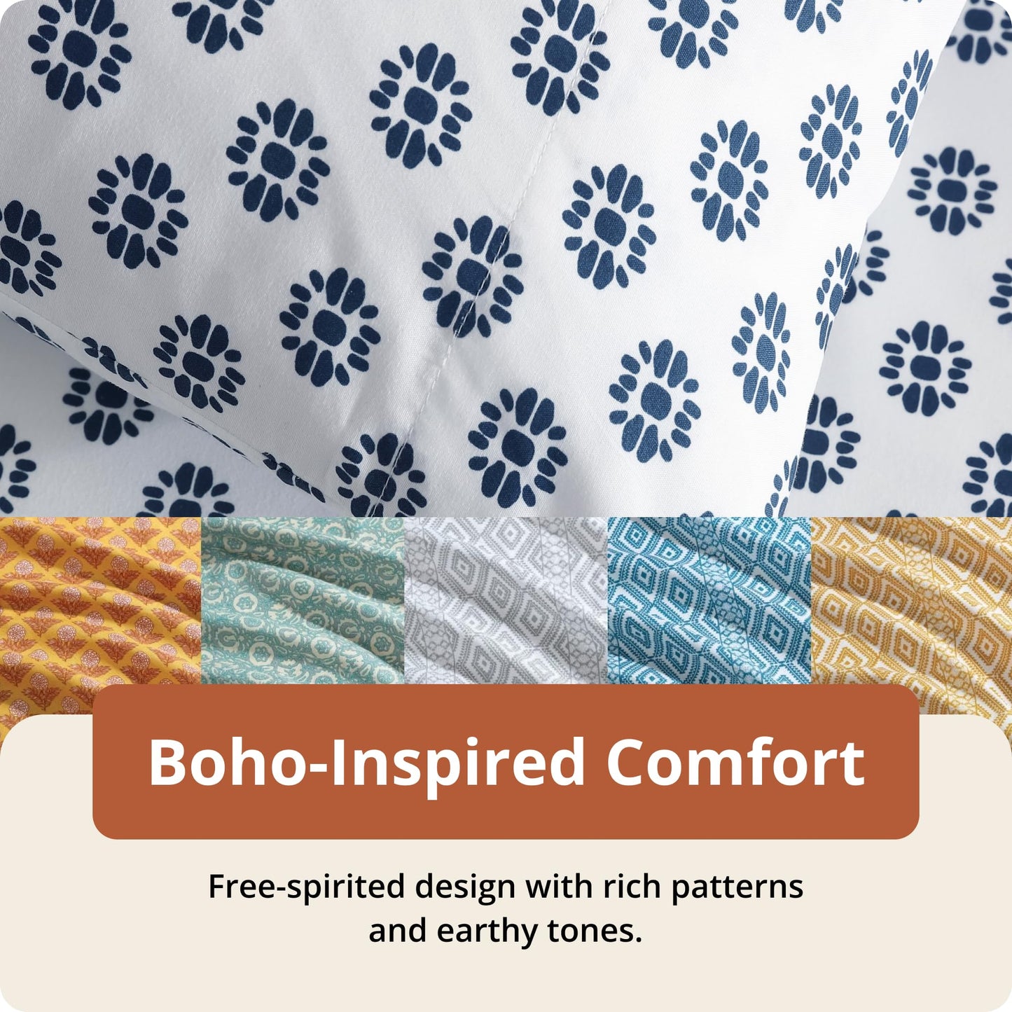 Indigo Ink Queen Size 4-Piece Sheet Set - Fitted & Flat Sheets & Pillowcases, Medallion Pattern, Soft & Breathable, Durable, Wrinkle Resistant Fabric, Deep Pocket Sheets, Panther Collection Blue