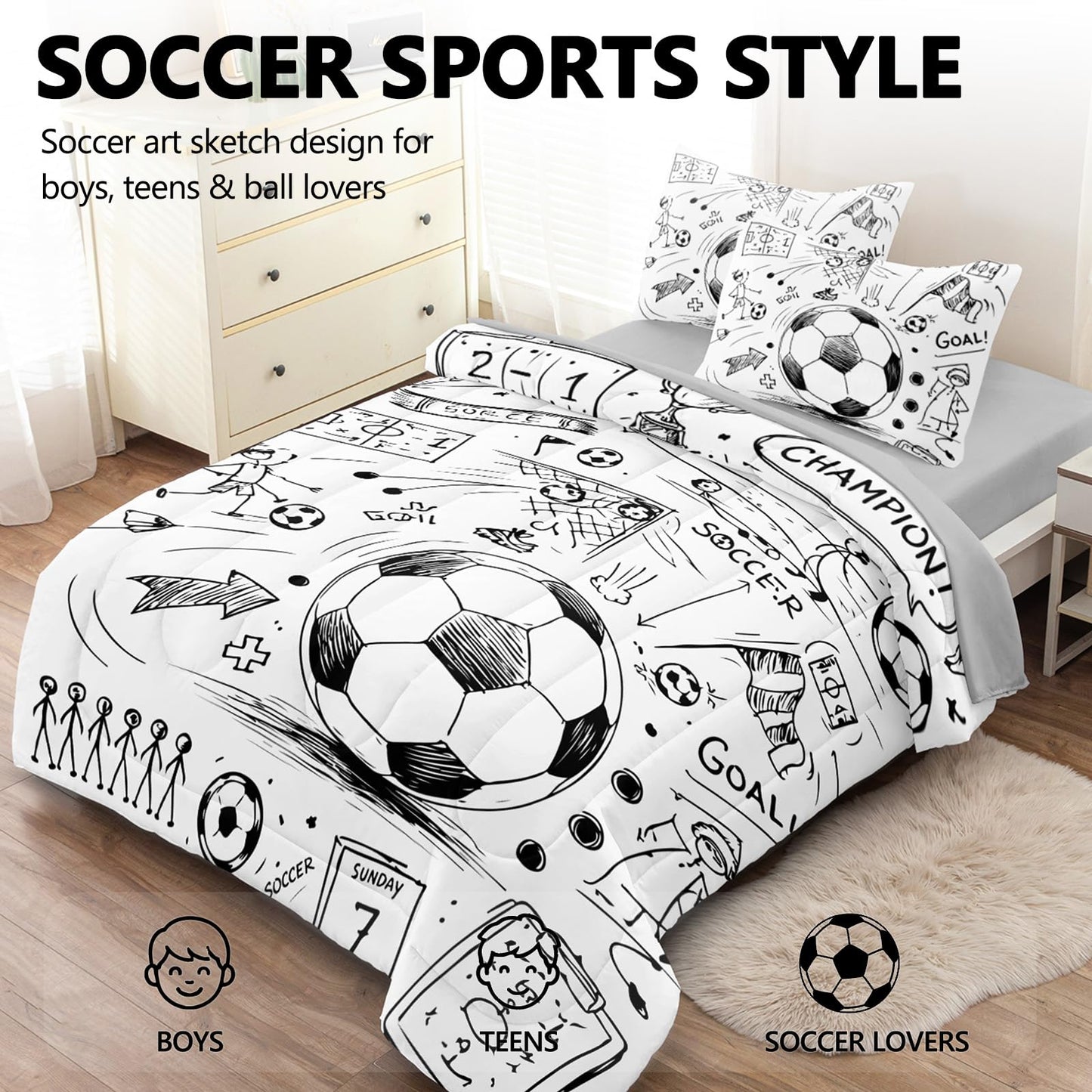 HICAND 5 Pcs Soccer Full Bedding Set for Boys Teens, Full Size Sports Sketch Style Soccer Boys Comforter Set with Sheets