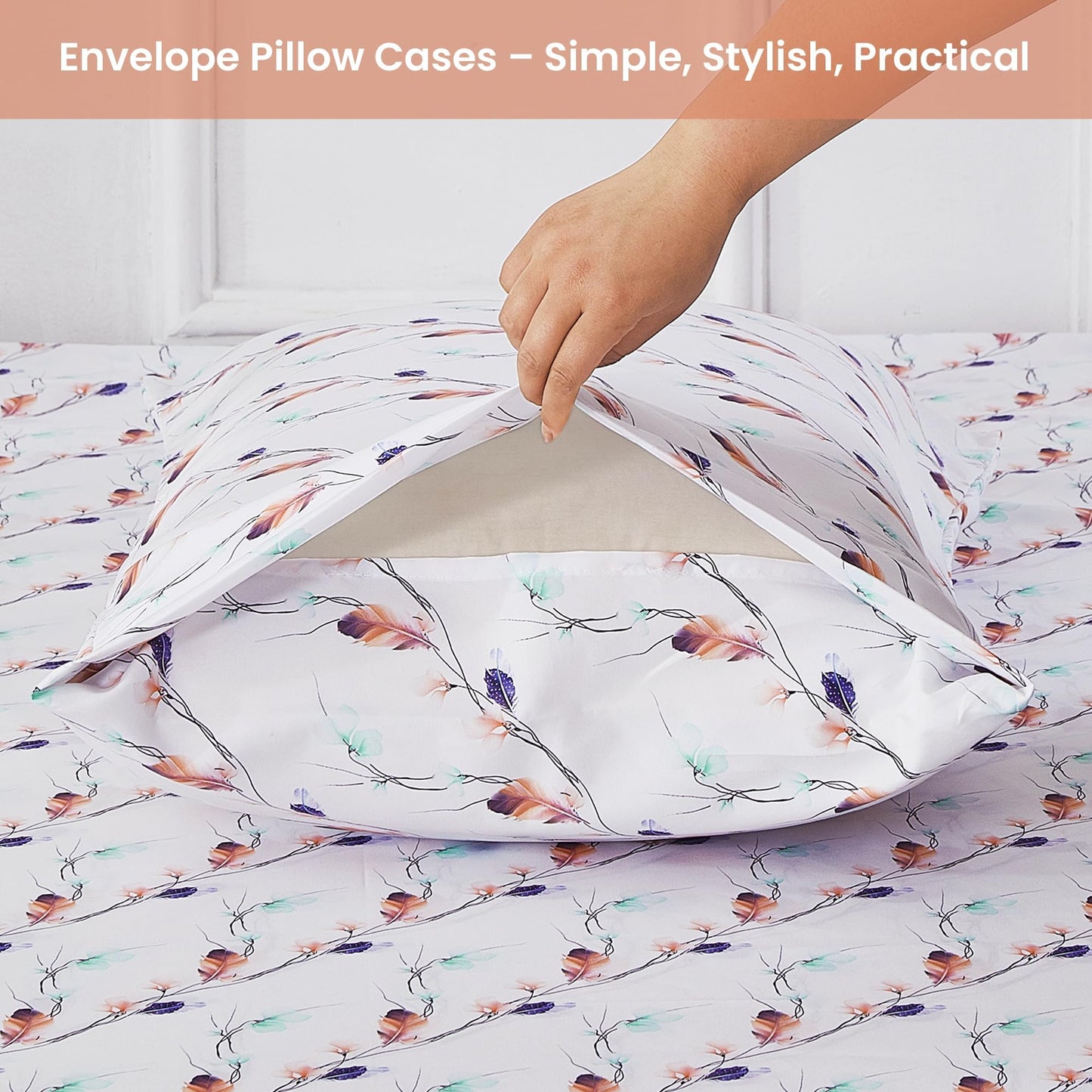 Softan Floral Full Sheet Set, Cozy Microfiber Pastel Blooms Printed Fitted Bed Sheet with 15" Deep Pockets & Non-Slip Straps, Feather Patterned Sheets & Pillowcase Set