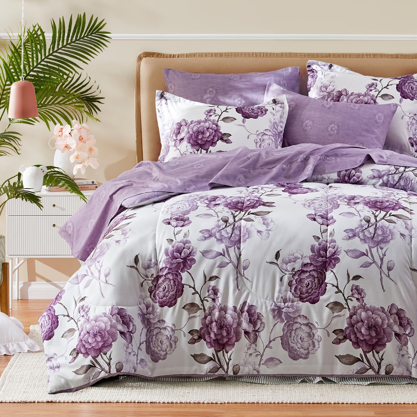 Purple Flower Bed in a Bag 7 Pieces Queen size Floral White Comforter Sheet Set Soft Microfiber Lightweight Summer Bed Set (1 Comforter 2 Pillow Shams 1 Flat Sheet 1 Fitted Sheet 2 Pillowcases)