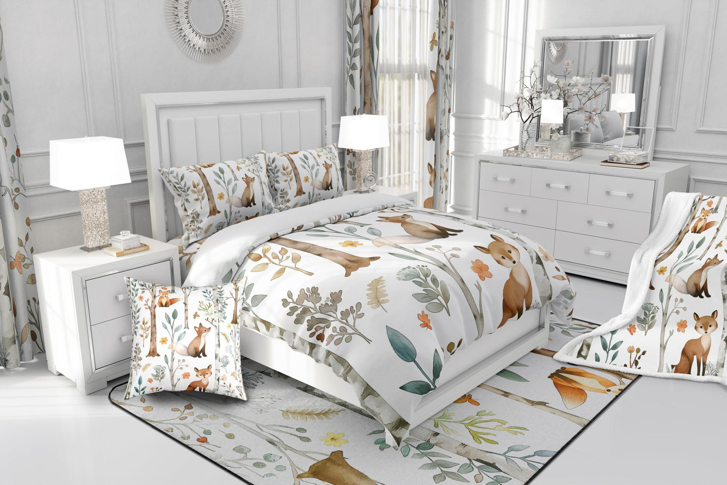 Erosebridal Cartoon Squirrels Bedding Set for Kids Teens,Botanical Trees Leaves Comforter Set Full Size,Cute Animal (Comforter+Fitted+Flat Sheet+2 Pillowcases+2 Throw Pillow Covers) 7 Pieces Bed Set