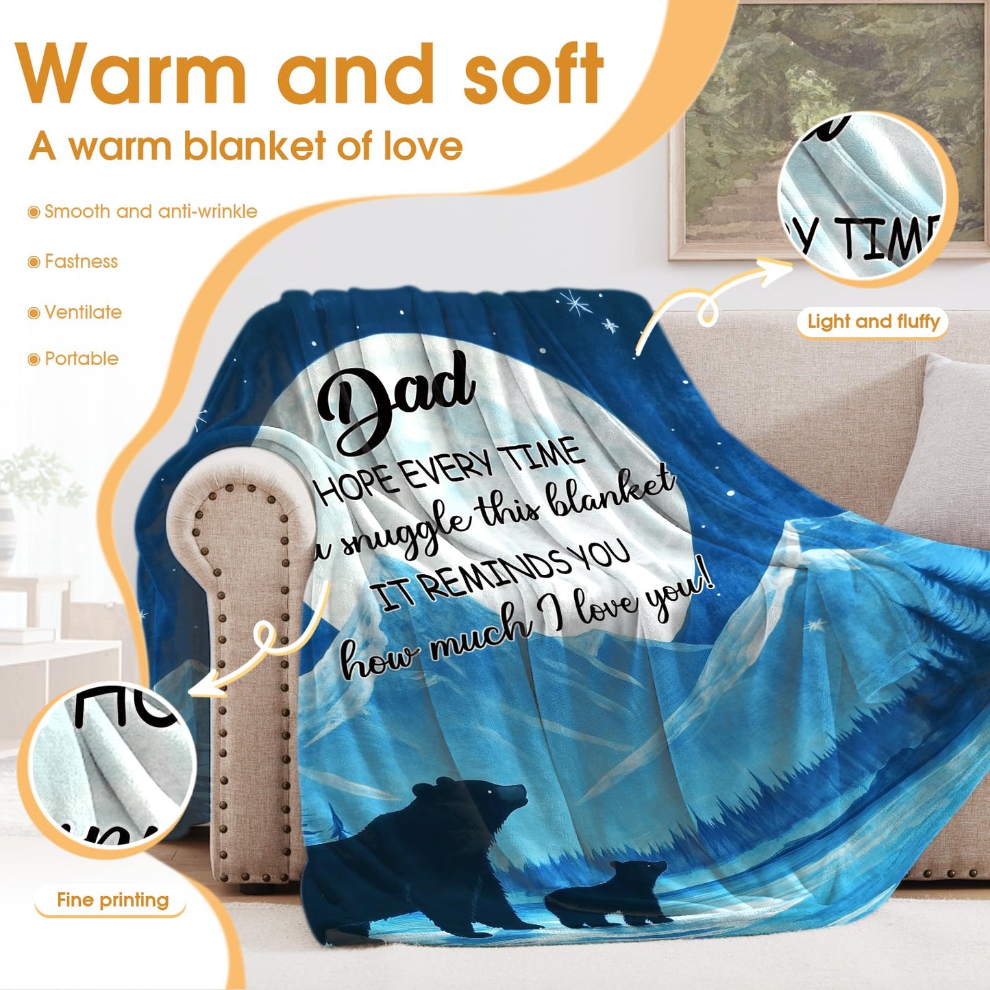Hohoto Dad Bears Starry Sky Blanket Gifts for Birthday Christmas Father's Day Bear Blanket Men Husband Halloween Easter Winter Snow Mountains Forest River Moon Inspirational Words Throw 50"x60"