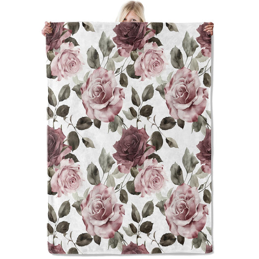 ICAAV Elegant Rose Blanket 50×60 Inch,Vintage Floral Lightweight Flannel Throw with Pink and Plum Roses on Ivory, Romantic Garden Decor,Gifts for Women, Girls, Moms,Flower Lovers