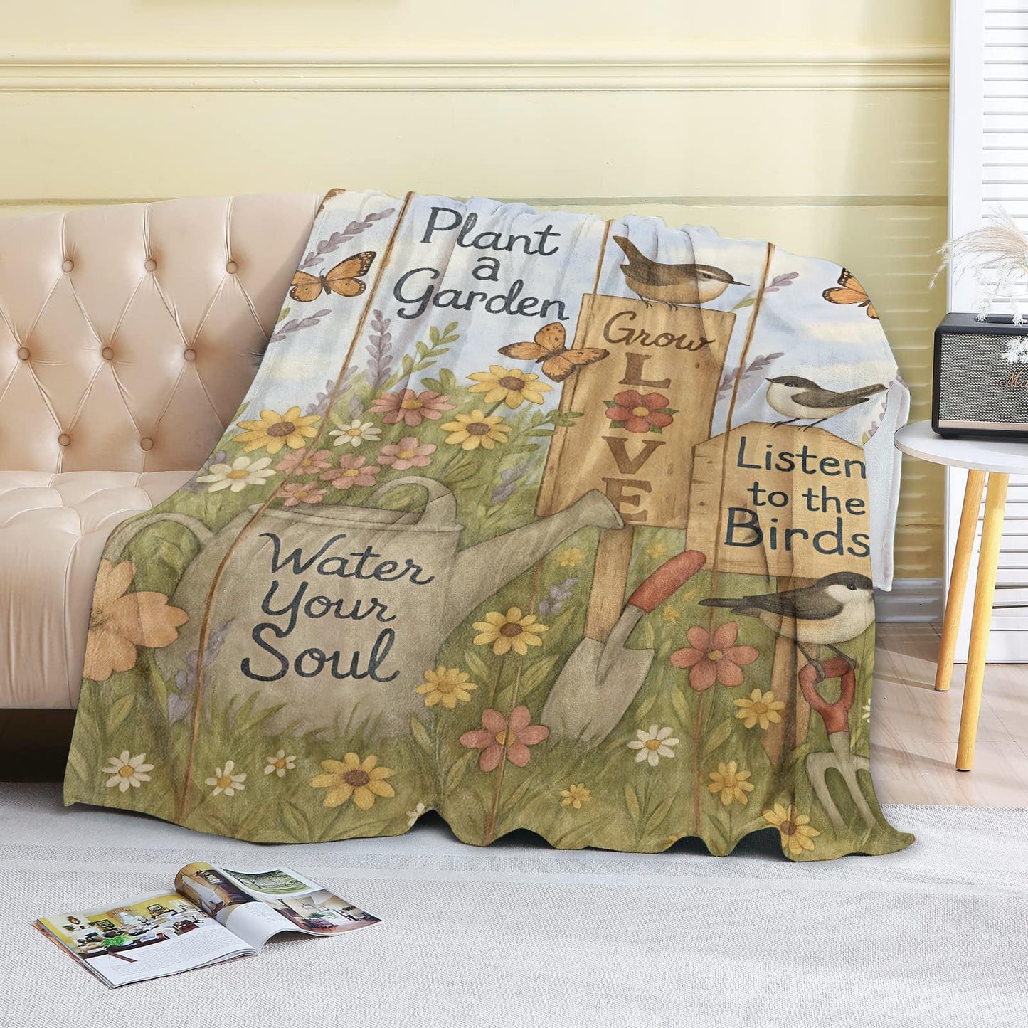 coedoaes Flower Garden Theme Fleece Blanket,50x60in,Bird Butterfly Watering Can Throw Retro Floral Blankets,Soft Cozy Lightweight, Ideal for Bed Living Room Home Nature Decor,Women Gifts