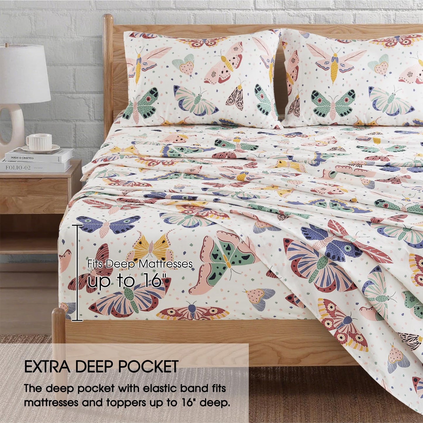 Ivellow Twin Sheets Set Kids 100% Natural Cotton Sheets Soft Breathable Durable Lightweight Crispy Percale Bed Sheets 16" Deep Pocket Butterfly Patterned Sheets Kids Twin Bedding Dorm Essentials
