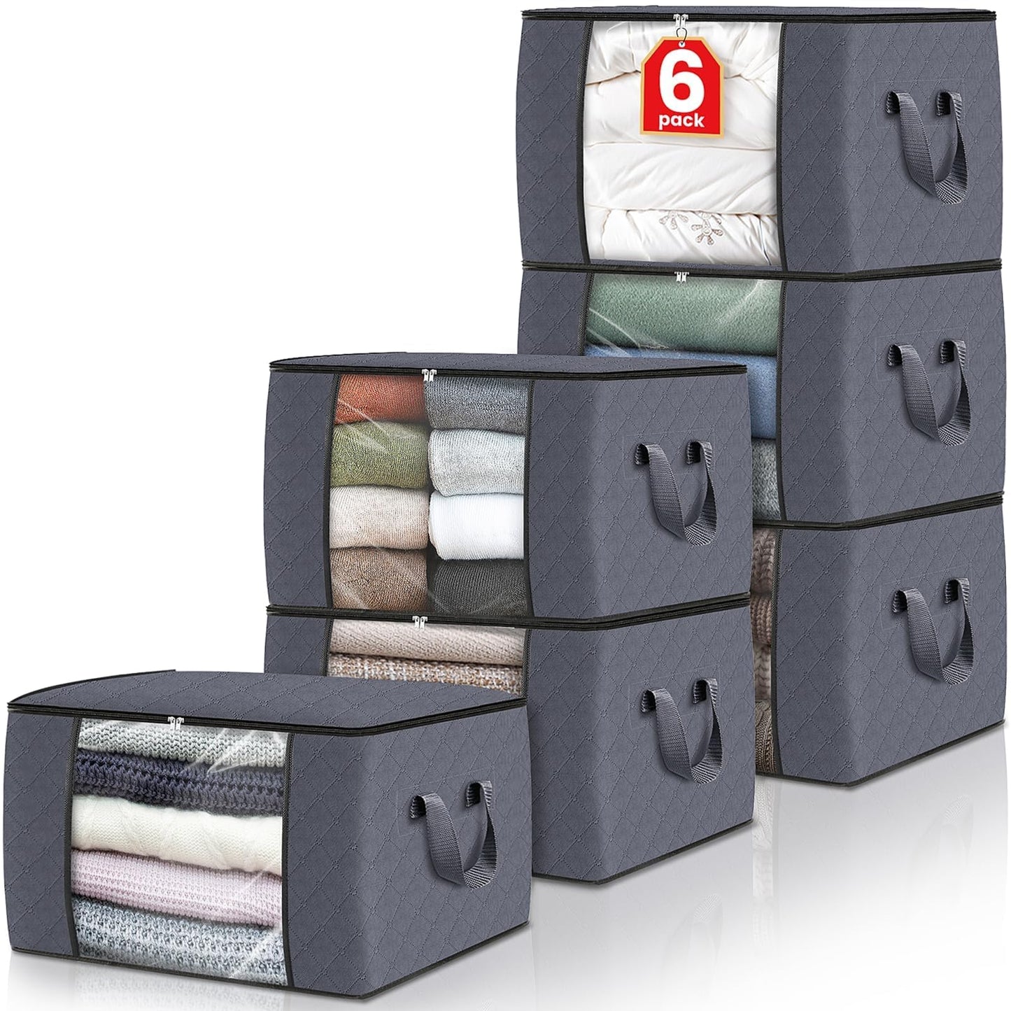 Fab totes 6 Pack Storage Bags for Clothes and Blanket, Foldable Closet Organizers and Storage with Zippers, Clear Window and Handles, Fabric Storage Bins for Sweater, Comforter, Bedding,Linen Sheets