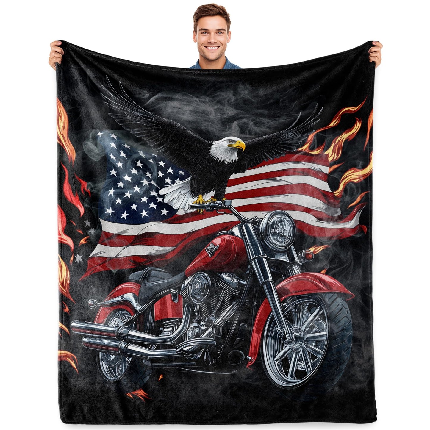 American Flag Motorcycle Blanket Motorcycle Gifts for Men Soft Warm Plush Throw with Eagle Design for Couches Beds and Travel(50x60 Inch)