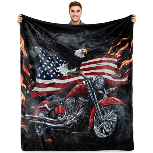 American Flag Motorcycle Blanket Motorcycle Gifts for Men Soft Warm Plush Throw with Eagle Design for Couches Beds and Travel(50x60 Inch)