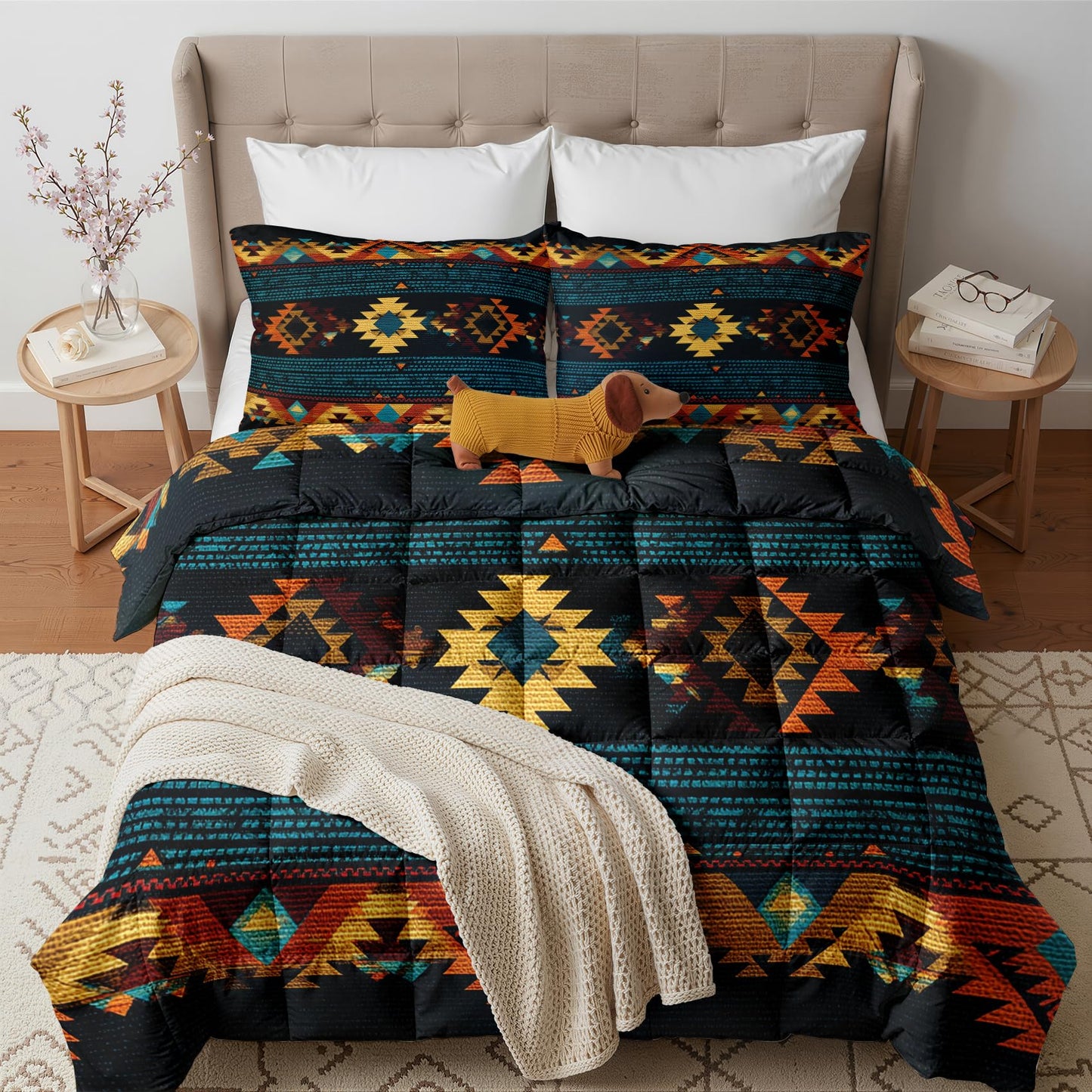 Aztec Comforter Set Queen Size 3 Pcs - All Season Duvet Insert & 2 Pillowcases, Navajo Tribal Bedding Set, Soft Lightweight Down Alternative Comforter, Geometric Bedroom Decor
