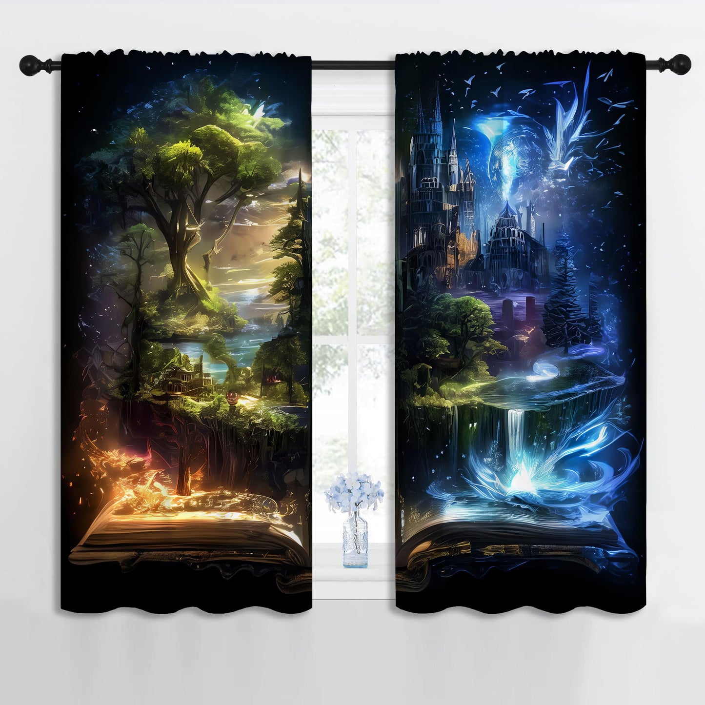 LHROOMJK Magic Castle Blackout Curtains for Boys Girl Bedroom Decor,Blue Aurora Mysterious Anime Style Thermal Insulated Rod Pocket Drapes Darkening Window Curtain for Living Room Home 42x63 inch