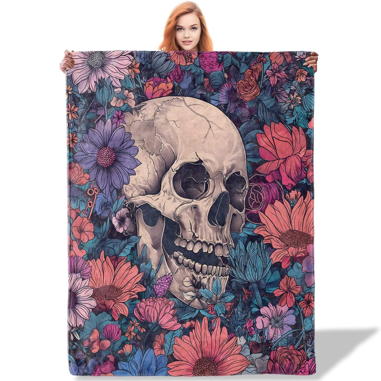Plistiz Goth Floral Skull Throw Blanket 50x60 Inch, Gothic Style Blankets for Unique Home Decor, Skeleton Flannel Throw, for Women Men