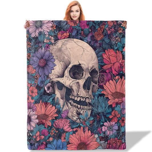 Plistiz Goth Floral Skull Throw Blanket 50x60 Inch, Gothic Style Blankets for Unique Home Decor, Skeleton Flannel Throw, for Women Men