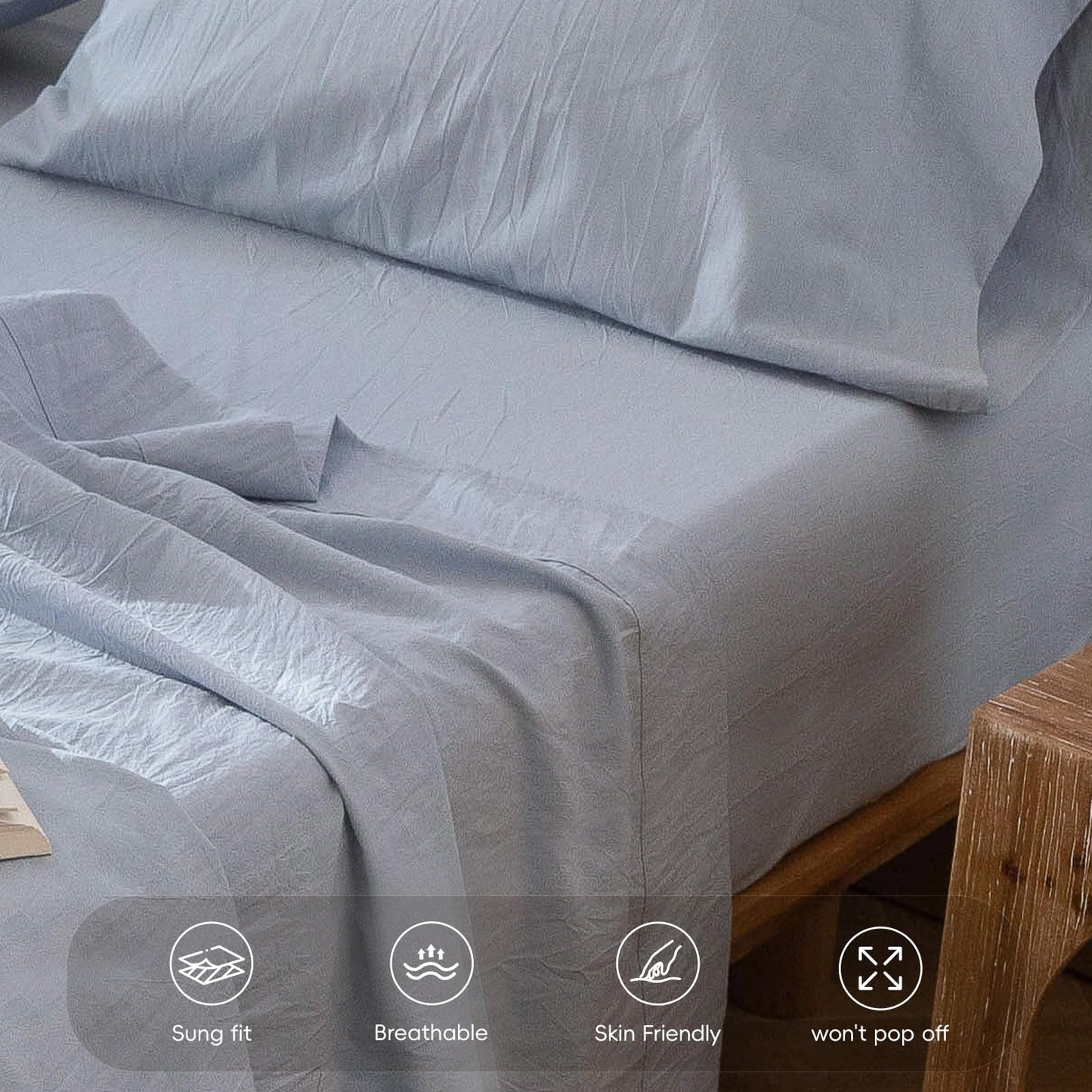 MooMee Fitted Bottom Sheet Only 100% Washed Cotton Linen Like Textured Breathable Durable Soft Comfy Deep Pocket Fits Mattress up to 17" (Cornflower Blue, Queen)