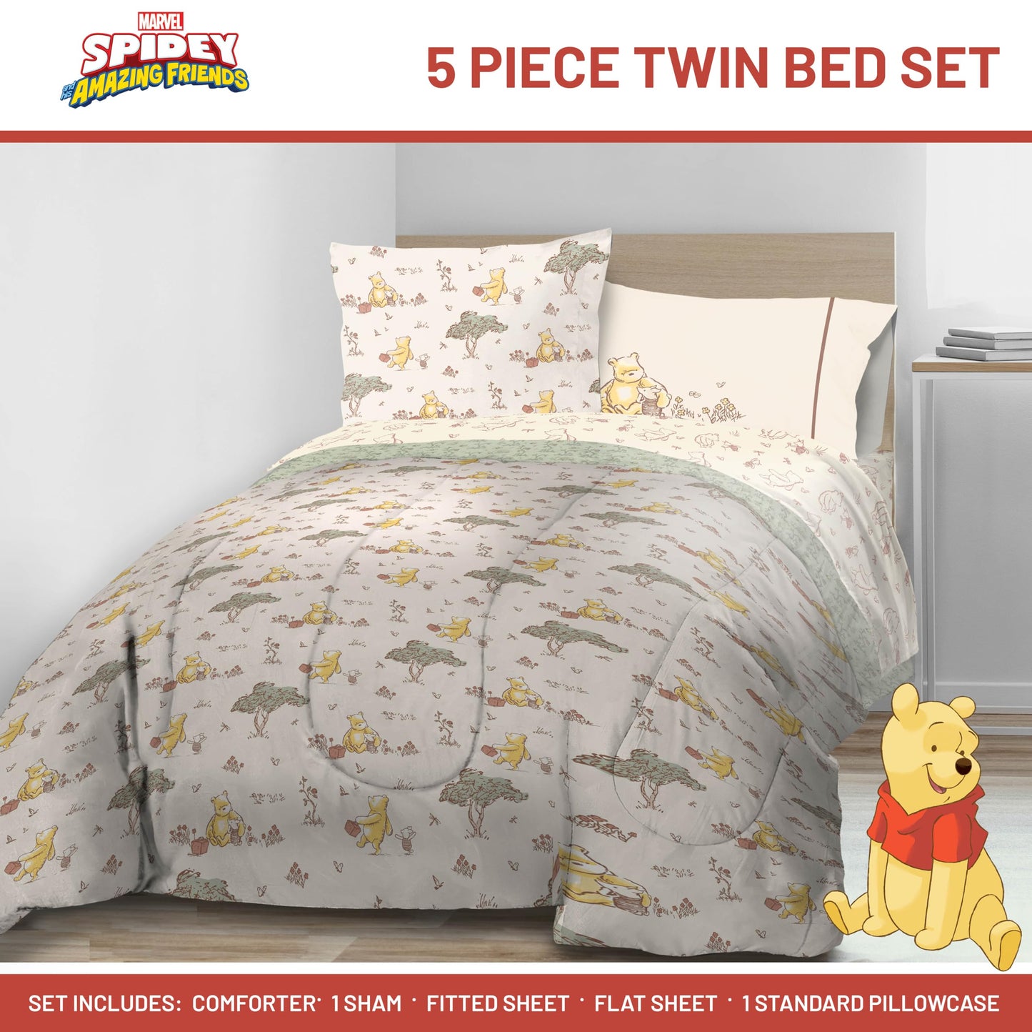 Jay Franco Kids Bed Set, Beige, Winnie The Pooh, 5 Piece Twin
