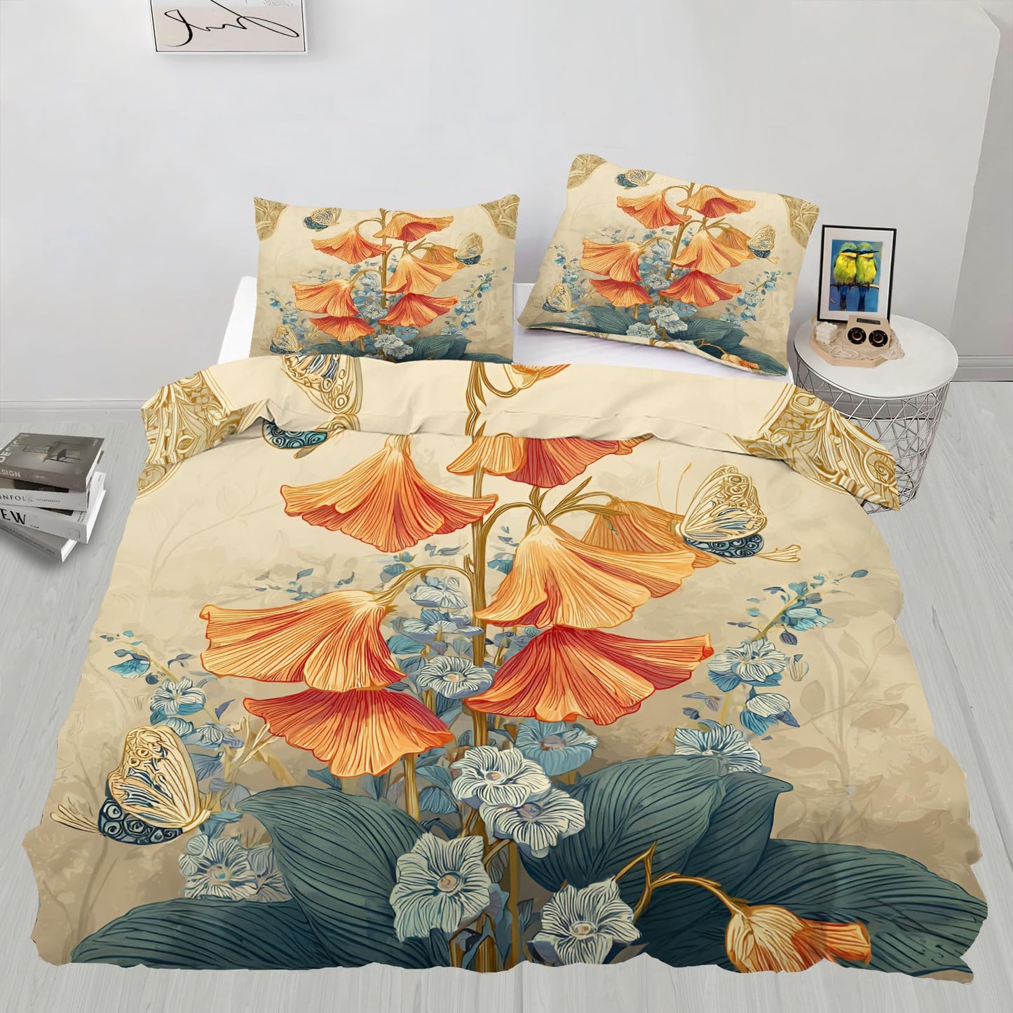 ZAMODE Floral Duvet Cover 120" x 98", Retro Botanical Bedding Set, Rustic Wildflower Comforter Cover with Zipper Ties