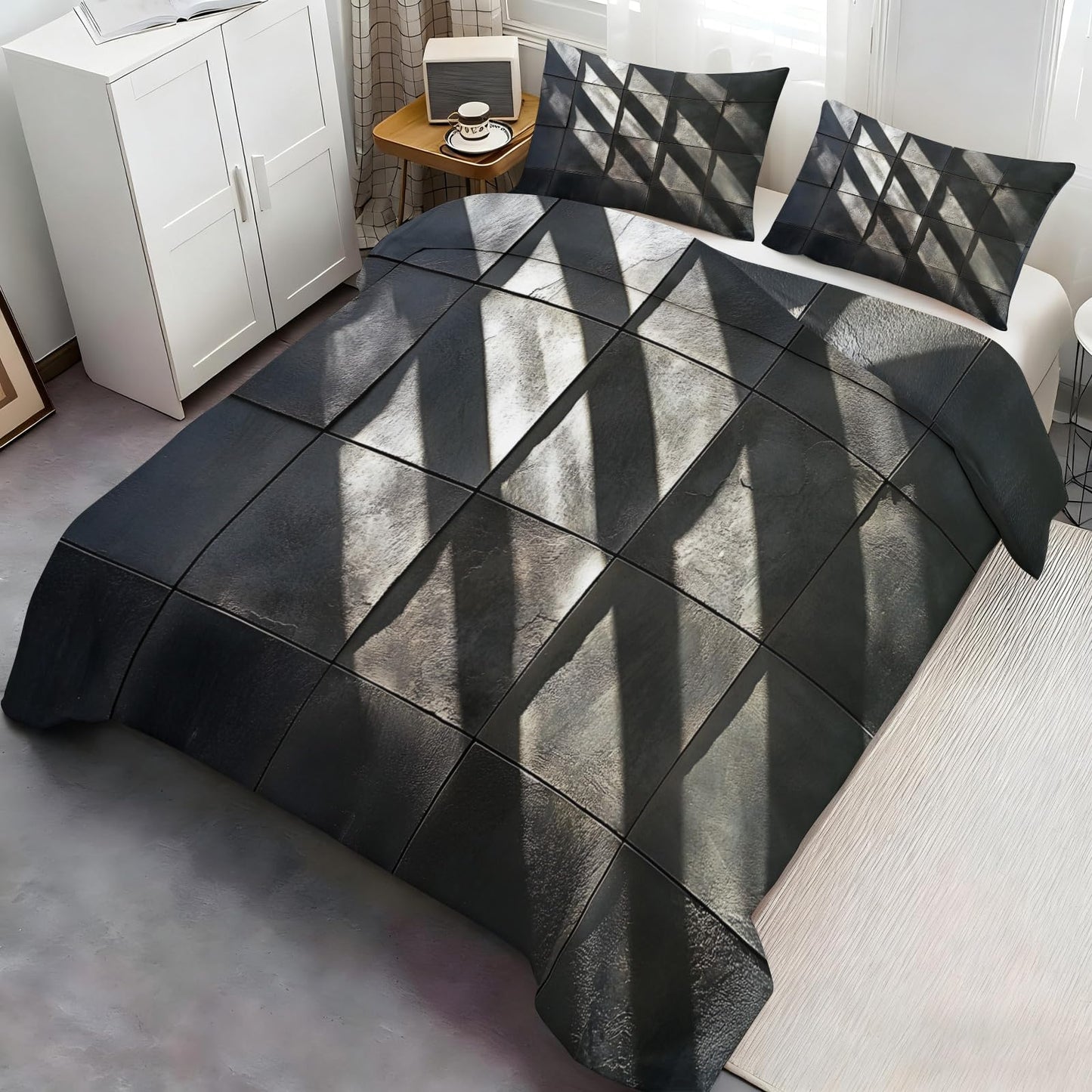 PAISUOQ Geometric Duvet Cover Full Size, Black Squares Bedding, 3 Piece, Soft Microfiber Patterned Comforter Cover with Zipper Ties & 2 Pillowcase, Modern Geometric Bedroom Decor & Gifts