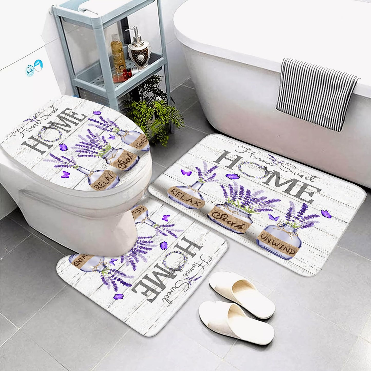 ALEXEX 4 PCS Purple Lavender Shower Curtain Sets,Home Sweet Bathroom Set with Shower Curtain and Rugs and Accessories,Farmhouse Country Shower Curtain Bathroom Decor with 12 Hooks,72 X 72 Inches