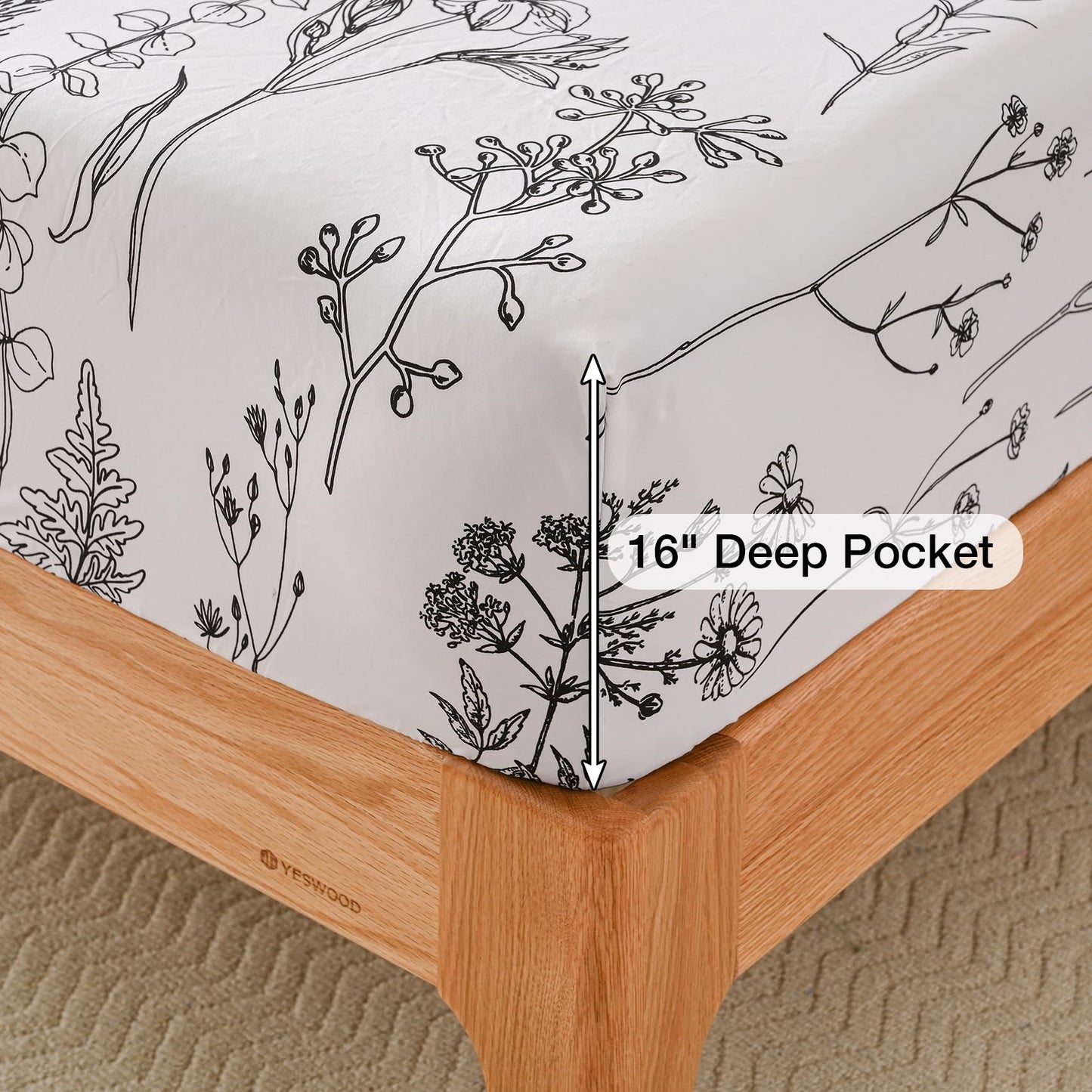 Yibeizi Floral Printed Sheet Set King, Boho Botanical Rustic Pattern Bed Sheets Microfiber Bedding Sheets & Pillowcases Soft 15" Extra Deep Pocket Fitted Bedsheet 4 Piece