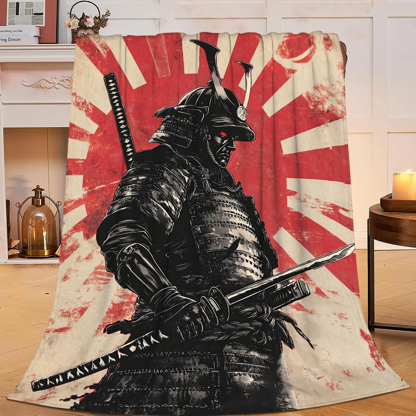 Japanese Samurai Throw Blanket Asian Warrior Flannel Blankets Japan Bushido Fuzzy Plush Super Soft Cozy Warm Decor Gifts for Boys Girls Kids Adults Men Women 40" x 50"