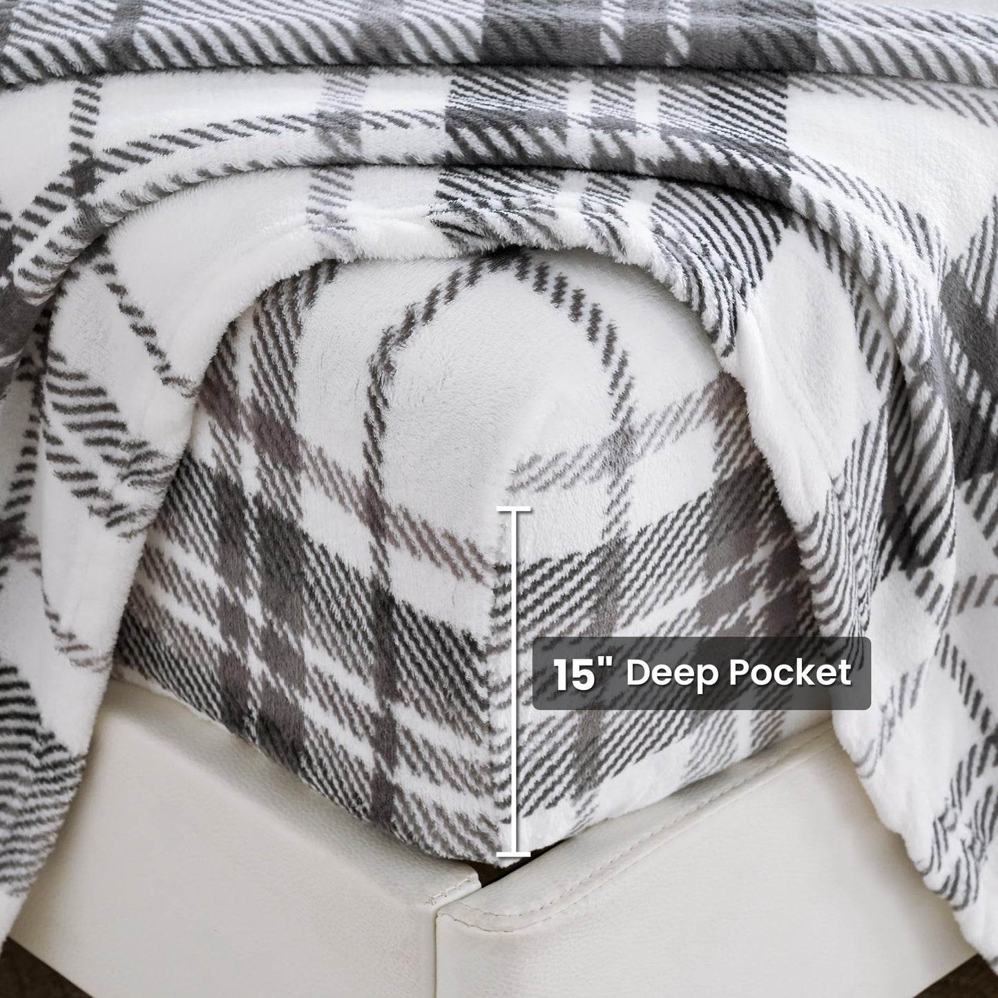 Viviland Plush Micro Polar Fleece Full Bed Sheet Set, Cozy Flannel-Like Velvet/Velour Fitted Sheets with 15" Deep Pocket, Fuzzy Warm Winter Double Sheets & Pillowcase Set, Gray and White Plaid
