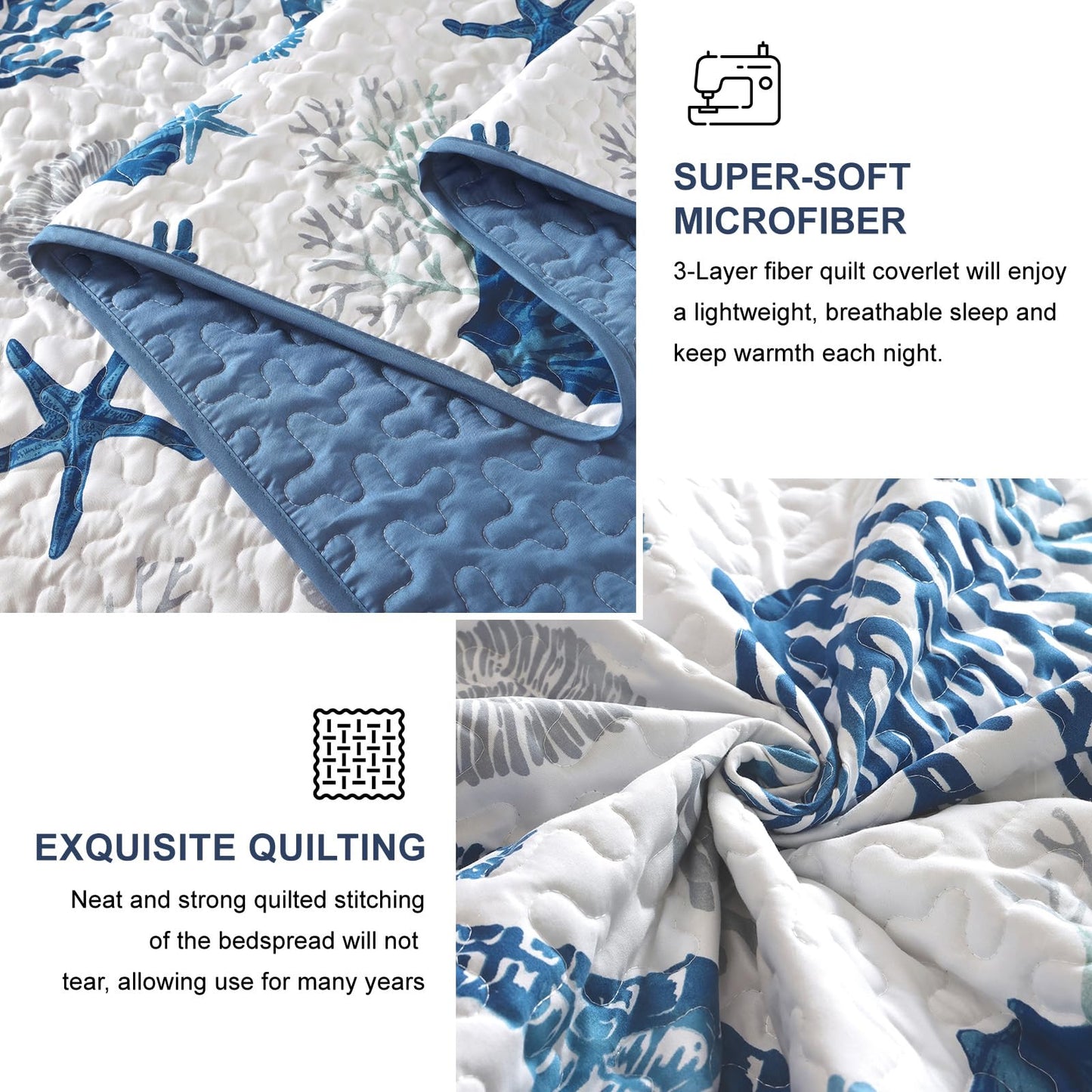 Djoymock Coastal King Size Quilt Set 3 Pcs, Summer Blue Beach Theme Quilts with Pillowcases Reversible Microfiber Ocean Bedding Set Nautical Bedspreads Coverlet Lightweight Comforter for All Season