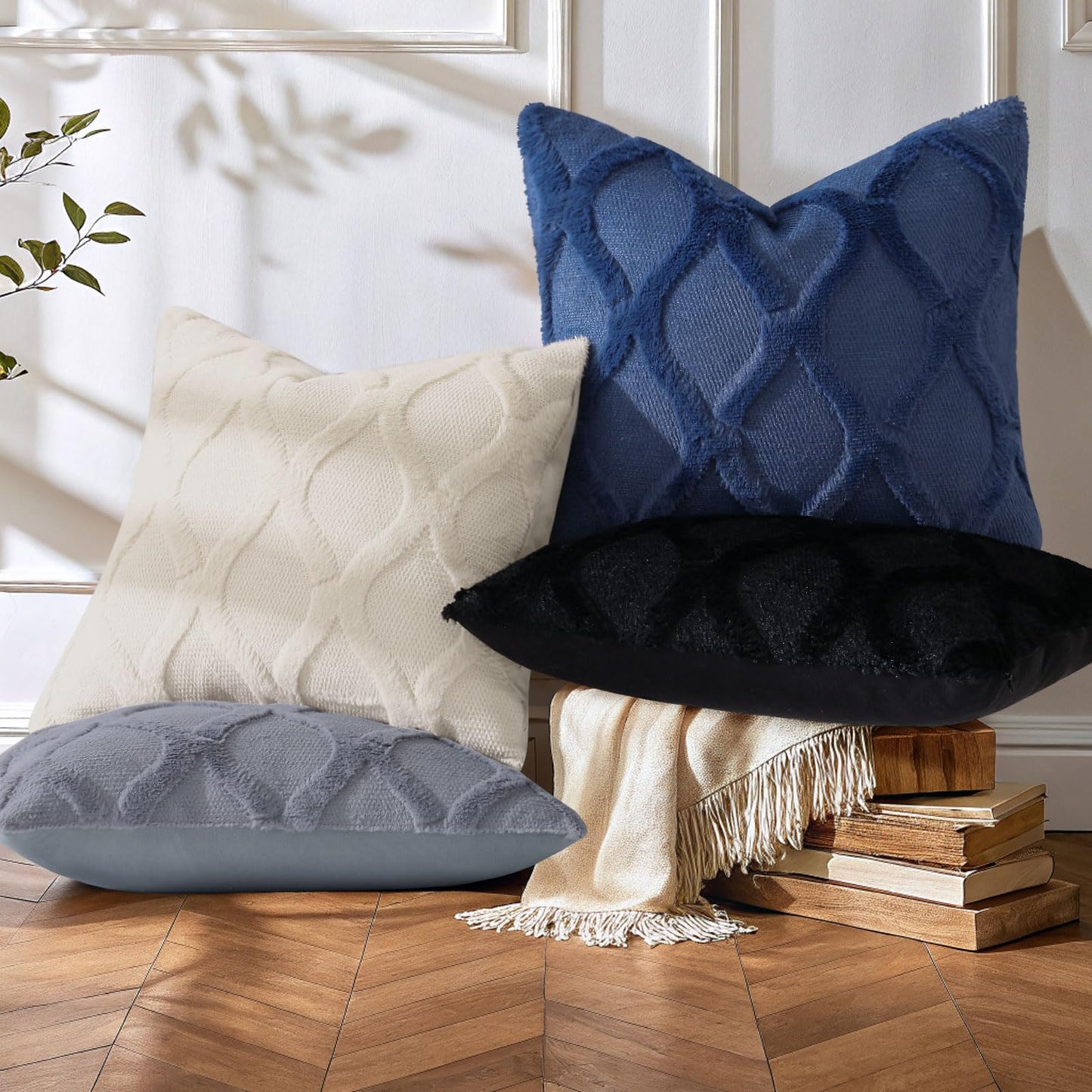 decorUhome Fall Throw Pillow Covers 18x18 Inch Set of 2, Soft Plush Faux Fur Wool Dark Blue Accent Couch Pillow Covers for Modern Farmhouse Bed Sofa Living Room