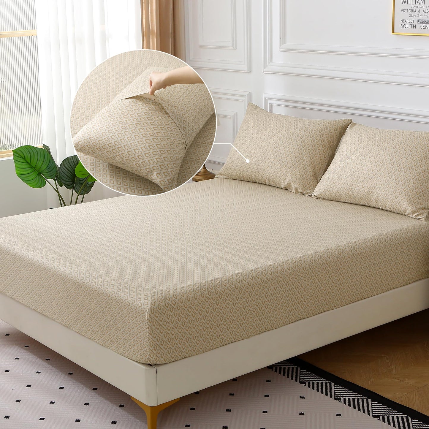 Skin-Friendly Cotton Sheet set, 4-Piece, Comfortable and Luxurious Full Size Sheet set with 18-Inch Deep Pockets, Includes One Flat Sheet, One Fitted sheet, Two Pillowcases (Checkered Khaki, Full)