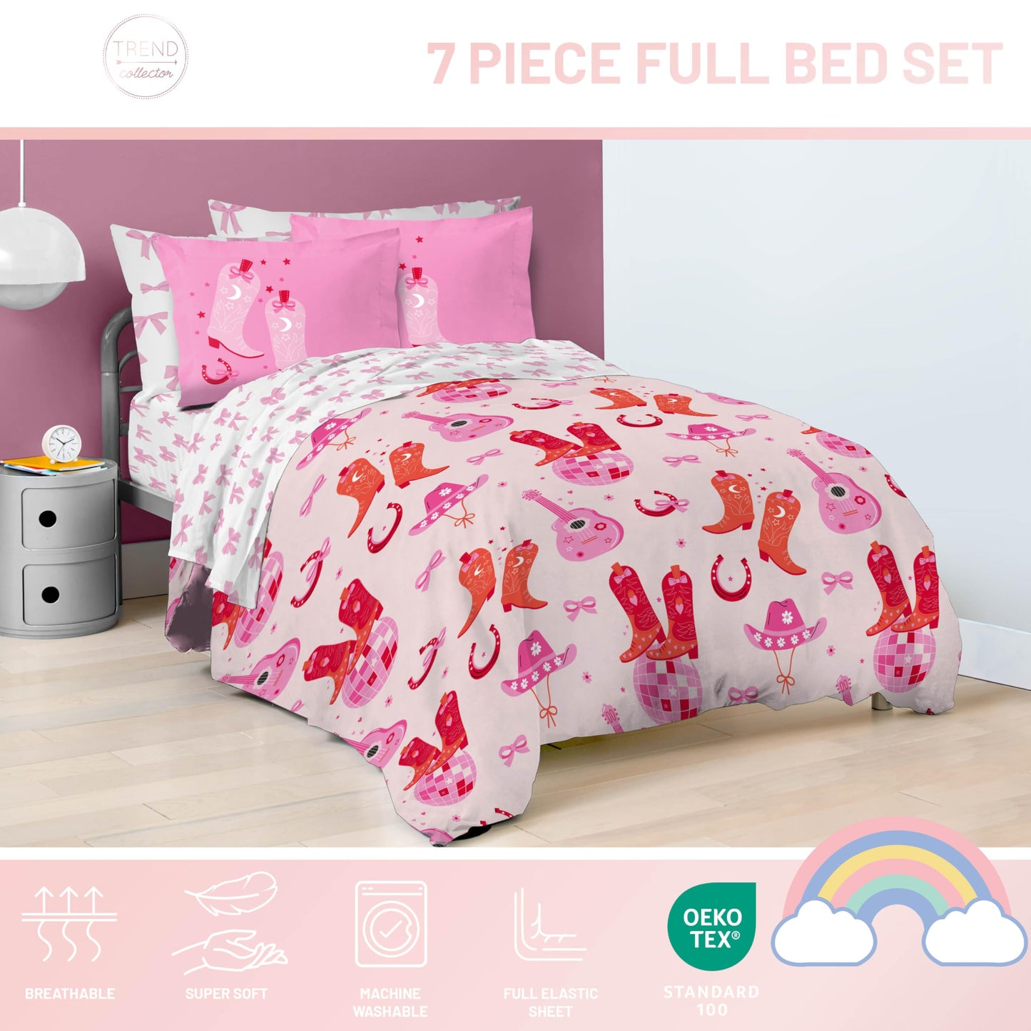 Jay Franco Kids Bed Set, Pink, Cowgirl Boots & Bows, 7 Piece Full
