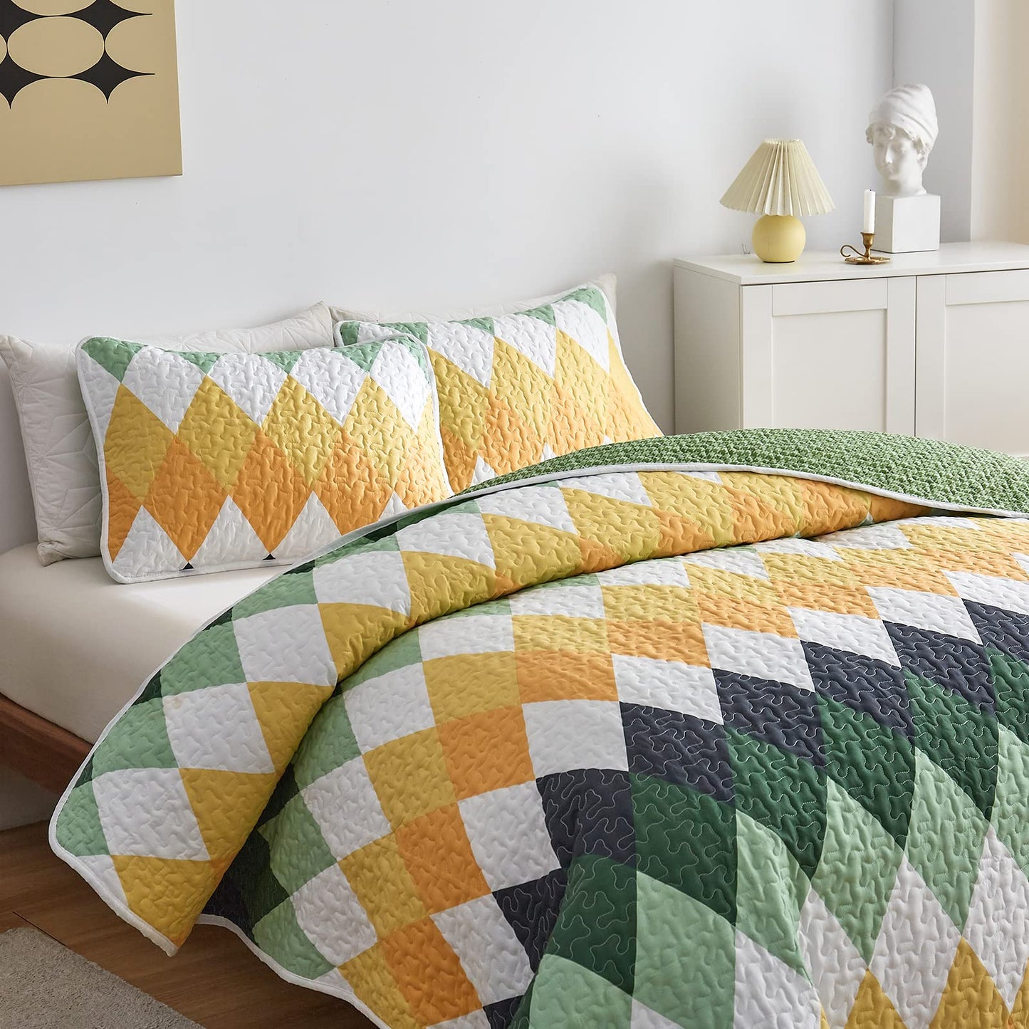 Yellow Green Rhomb Plaid Quilt Set 3pc Queen Size Reversible Coverlet Bedspread Set Soft Microfiber Lightweight Summer Quilt Bedding Set Bed Cover for All Season 88x88