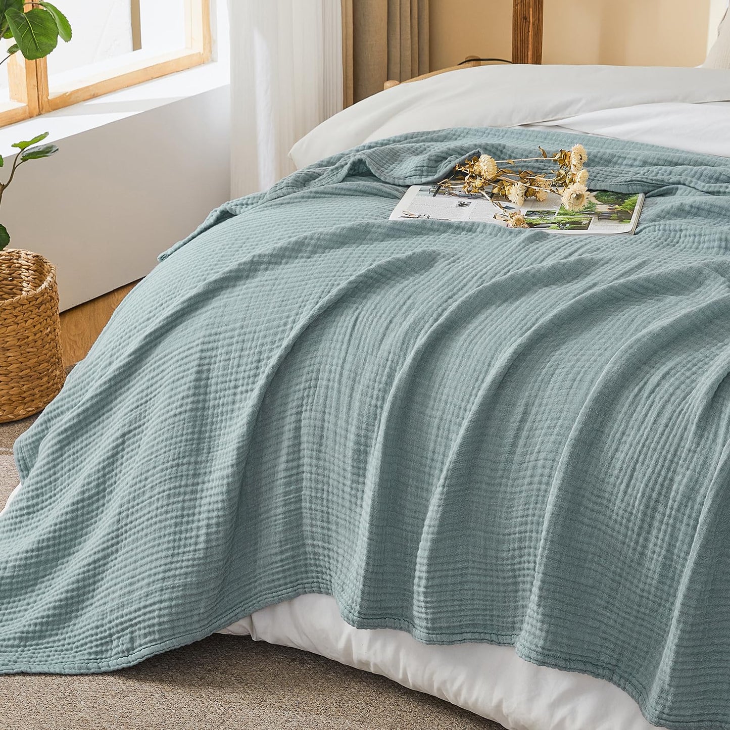 EMME Cotton Muslin Large Throw Blanket Couch Breathable Gauze Soft Lightweight Bed Blankets Adults (Heather Teal, 50"x70")