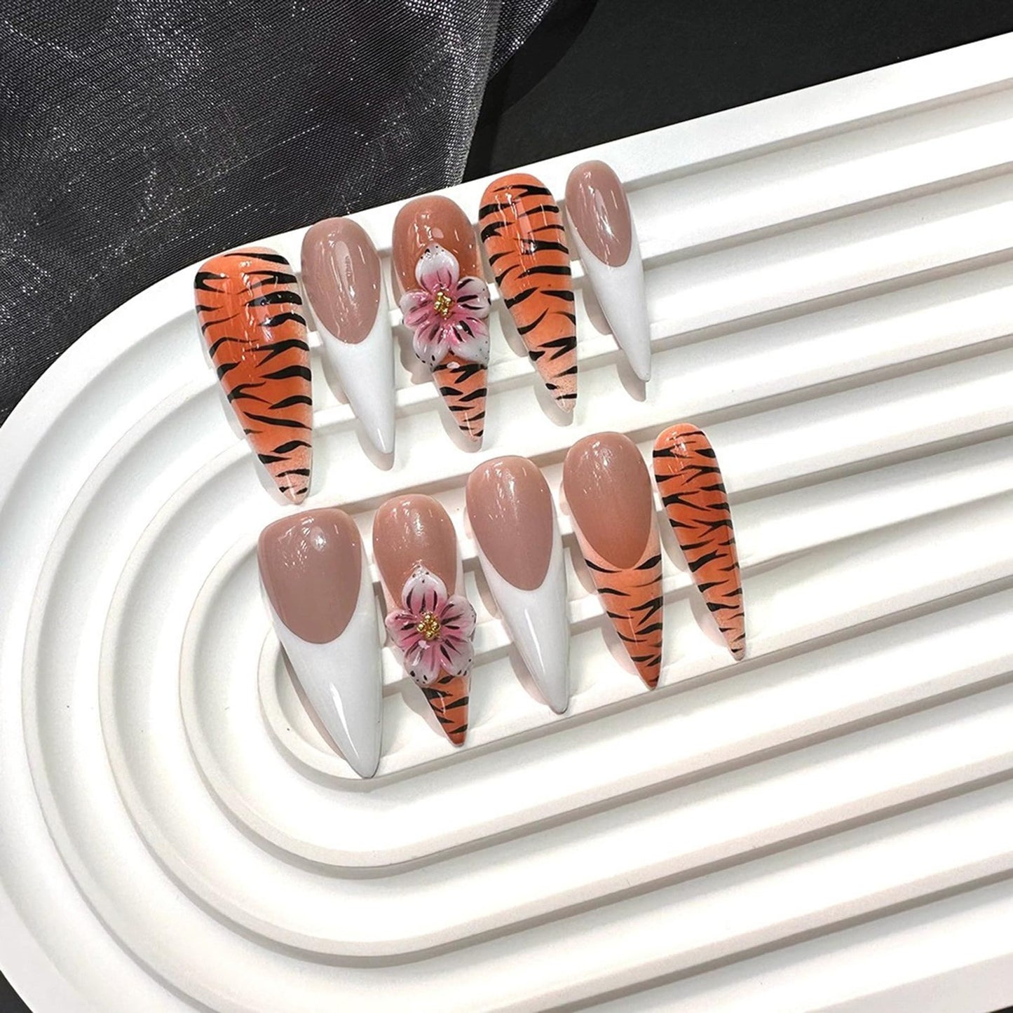 White French Tip Fake Nails Long Almond Handmade Press on Nails Leopard Full Cover False Nails with 3D Flower Designs 10Pcs Acrylic Nails Press Ons Luxury Reusable Stick on Nail for Women (Size M)