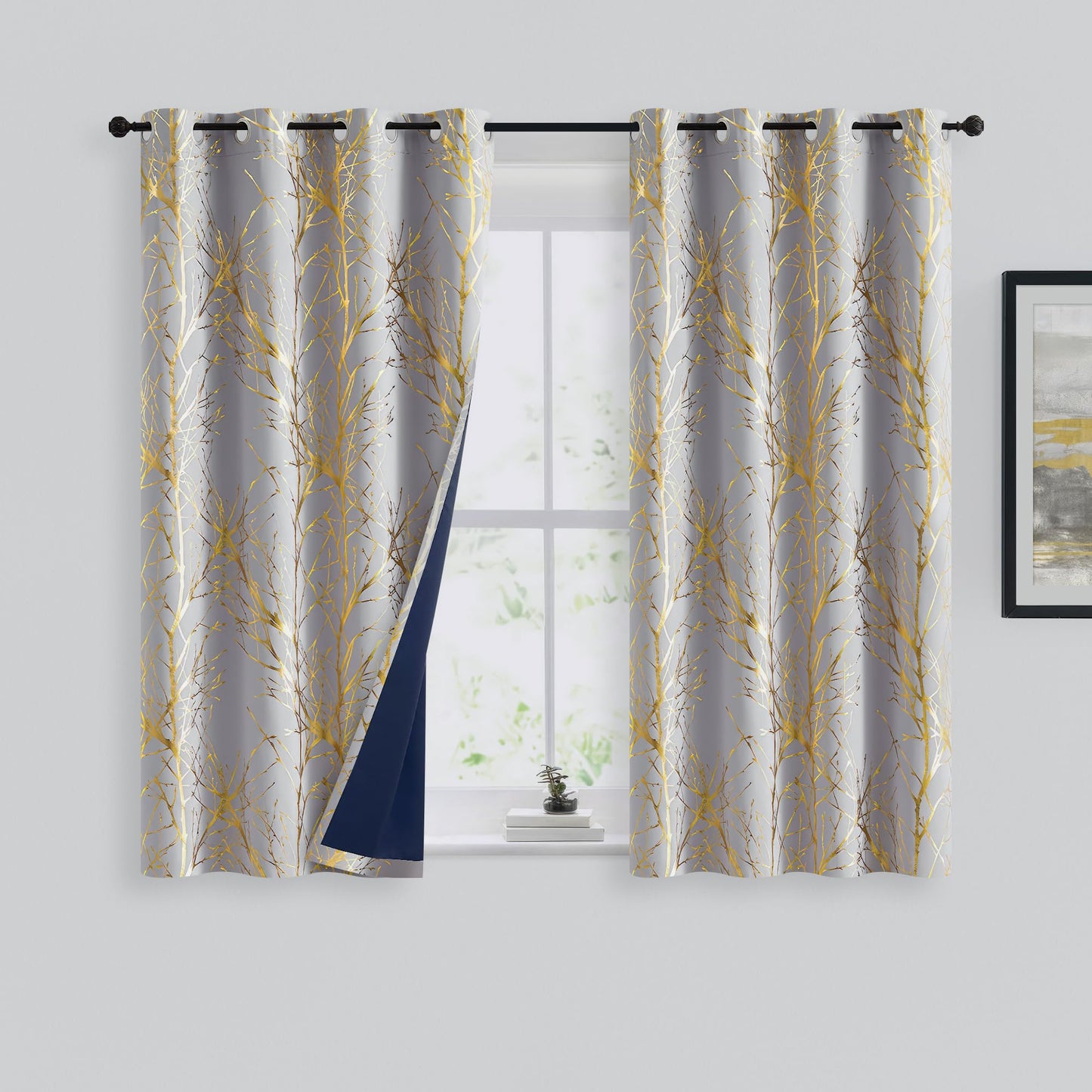 FMFUNCTEX 100% Blackout Curtains for Bedroom, Curtains 45 Inch Length Gold on Grey Tree Curtains for Living Room, Gold Foil Room Darkening Thermal Insulated Branch Curtain, 2 Panels Grommet Top